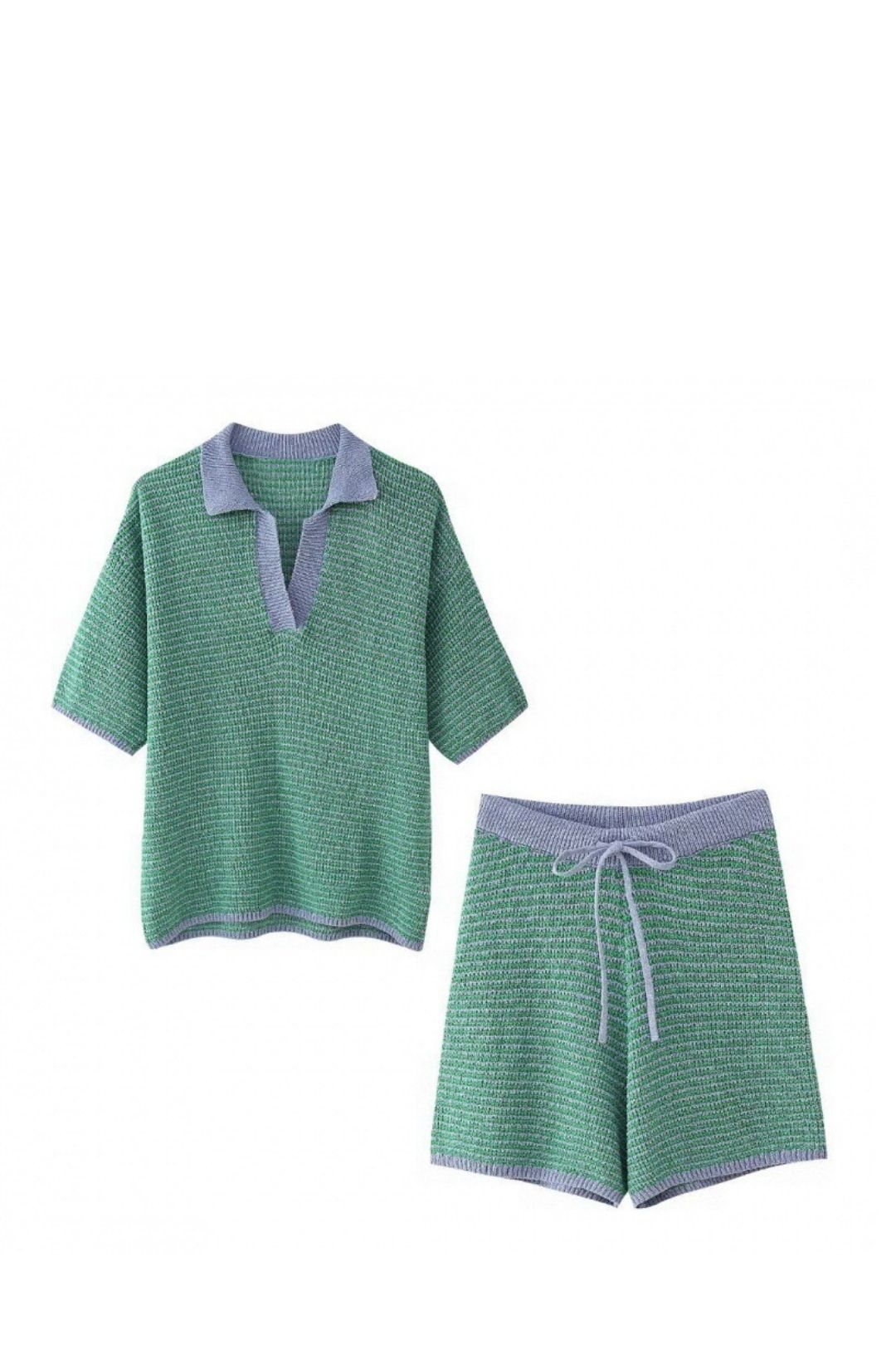 Knitted POLO Shirt Collar Top High Waist Knitted Shorts Suit