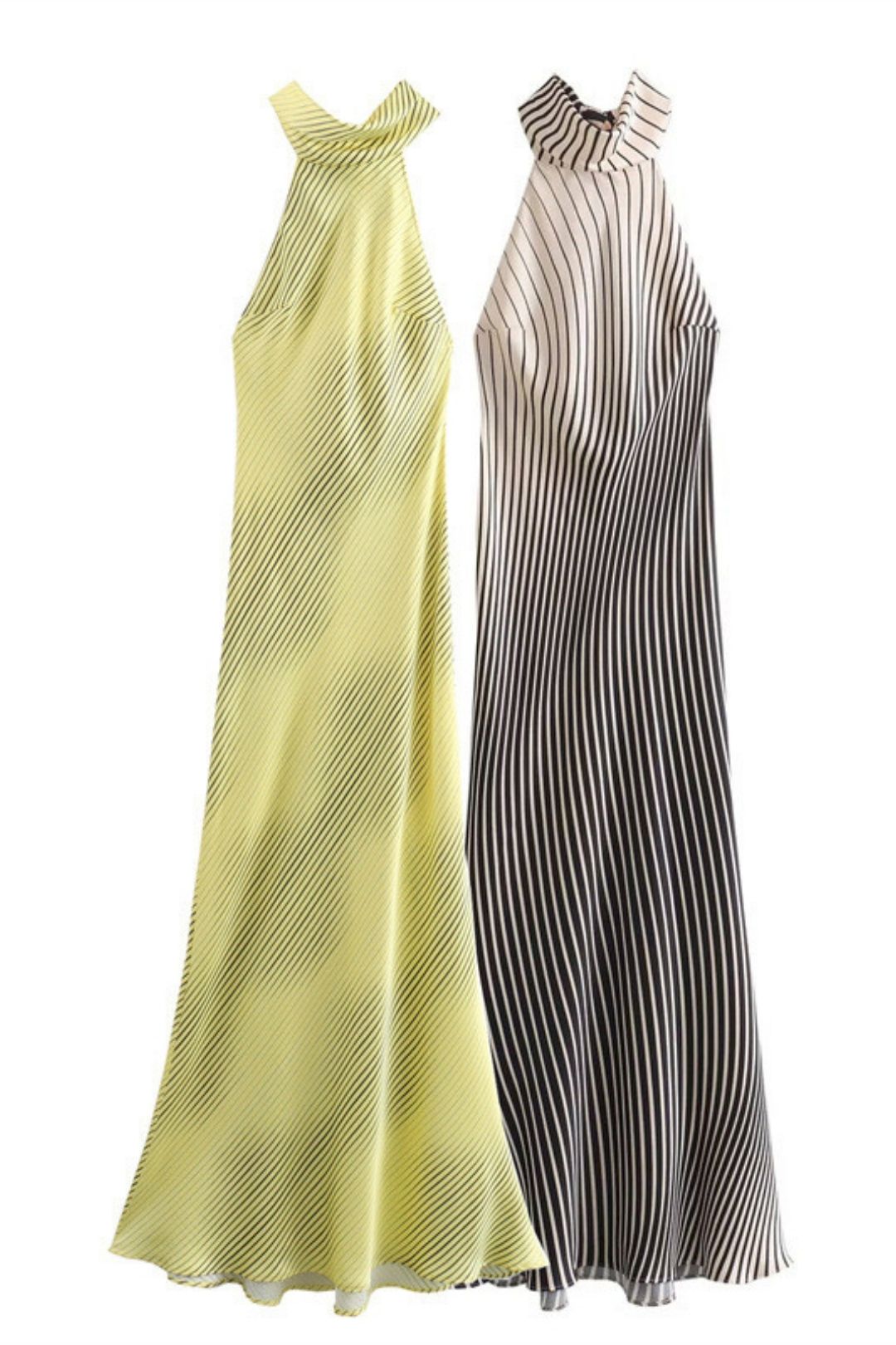 Silk Satin Texture Striped Backless Long Dress