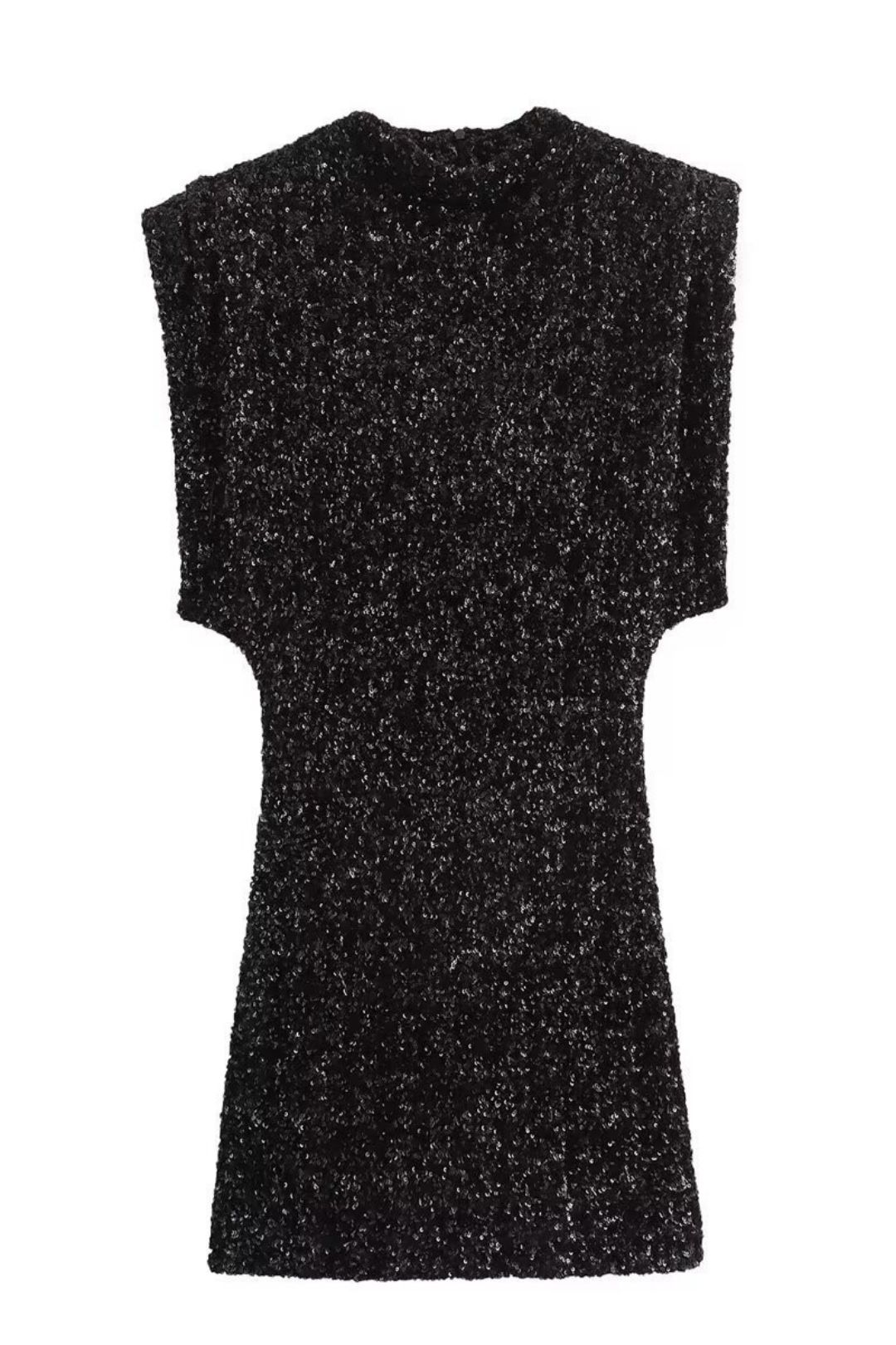 Sleeveless Little Black Dress With Shoulder Pads And Beaded Mini Dress