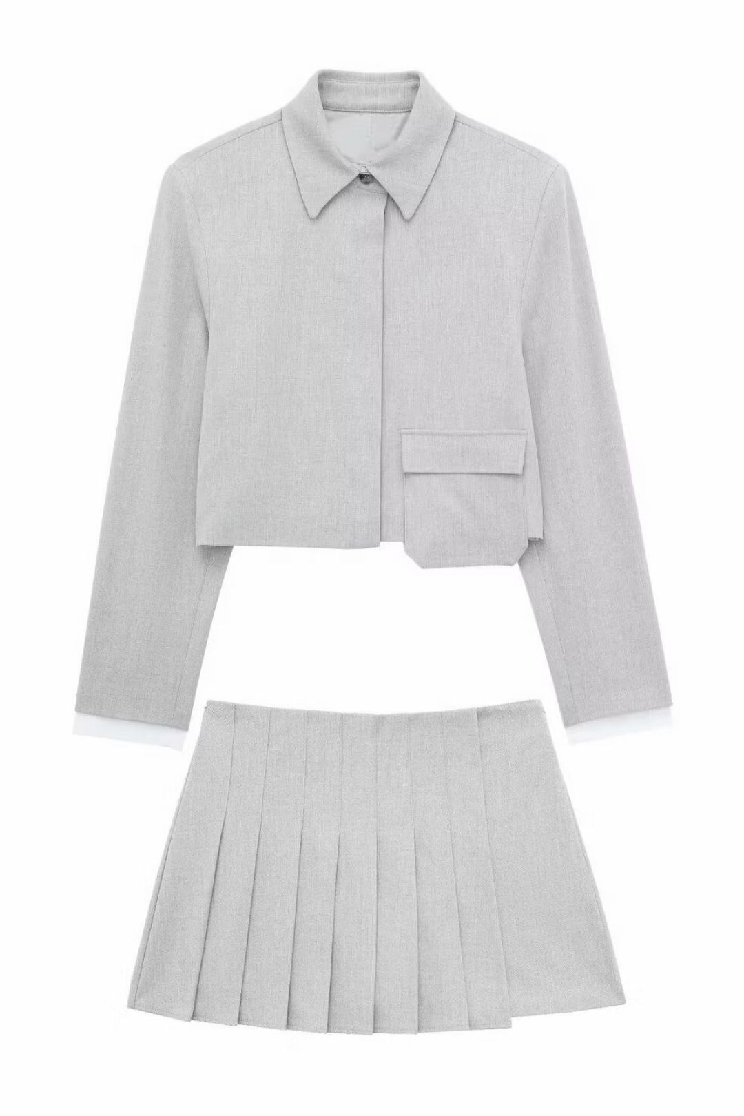 Short Long-sleeved Shirt + High-waisted Pleated Skirt