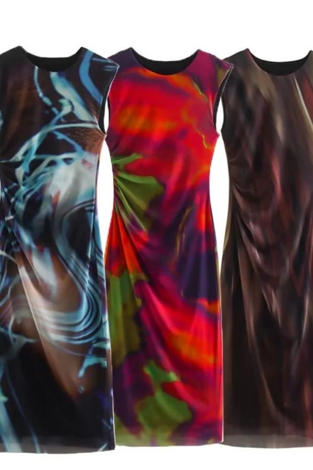 Round Neck Pullover Slim Printed Tulle Dress