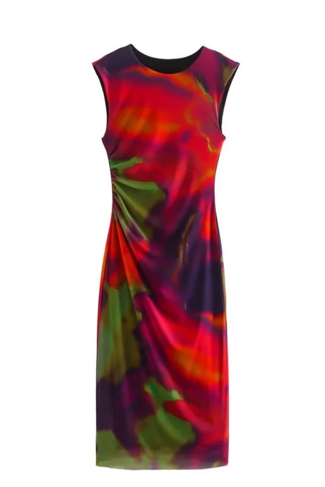 Round Neck Pullover Slim Printed Tulle Dress