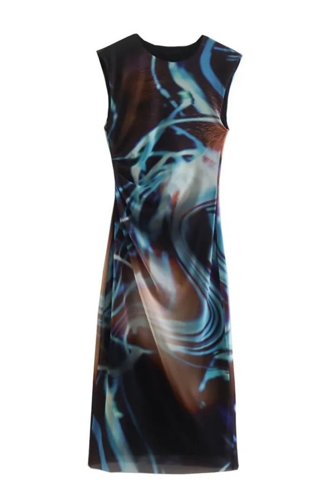 Round Neck Pullover Slim Printed Tulle Dress