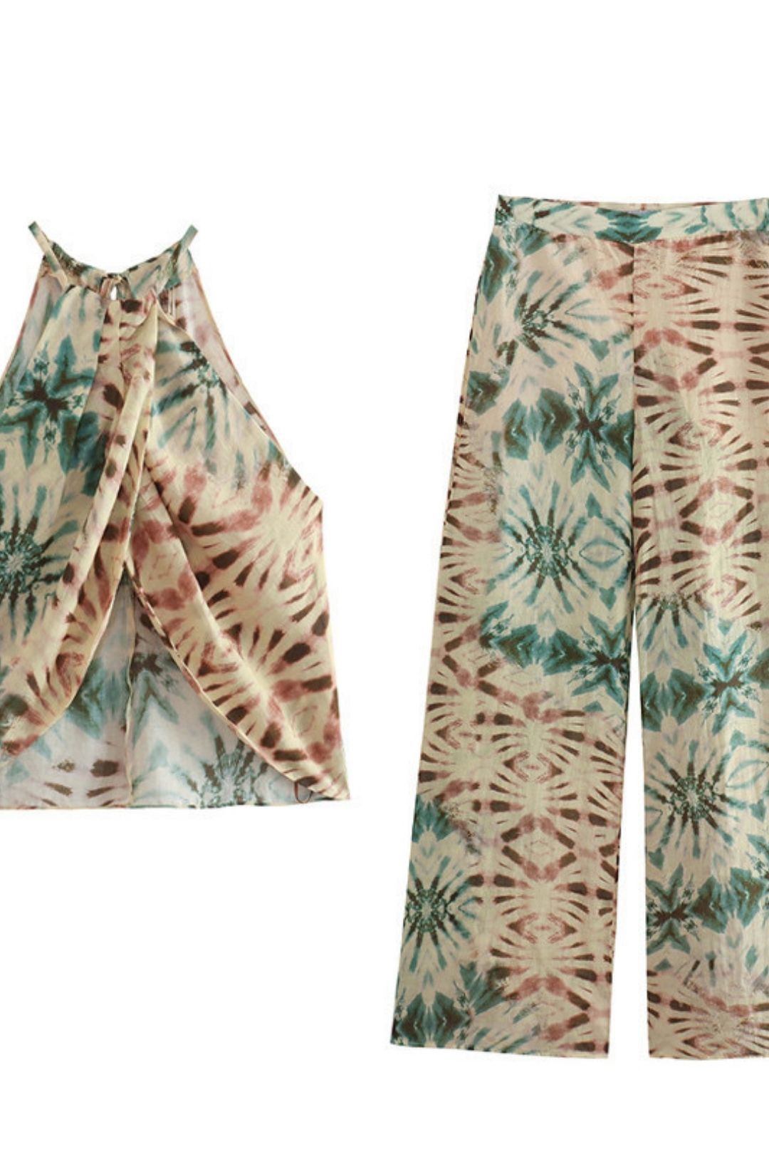 Printed Linen Tops High-waisted Wide-leg Trousers Suit