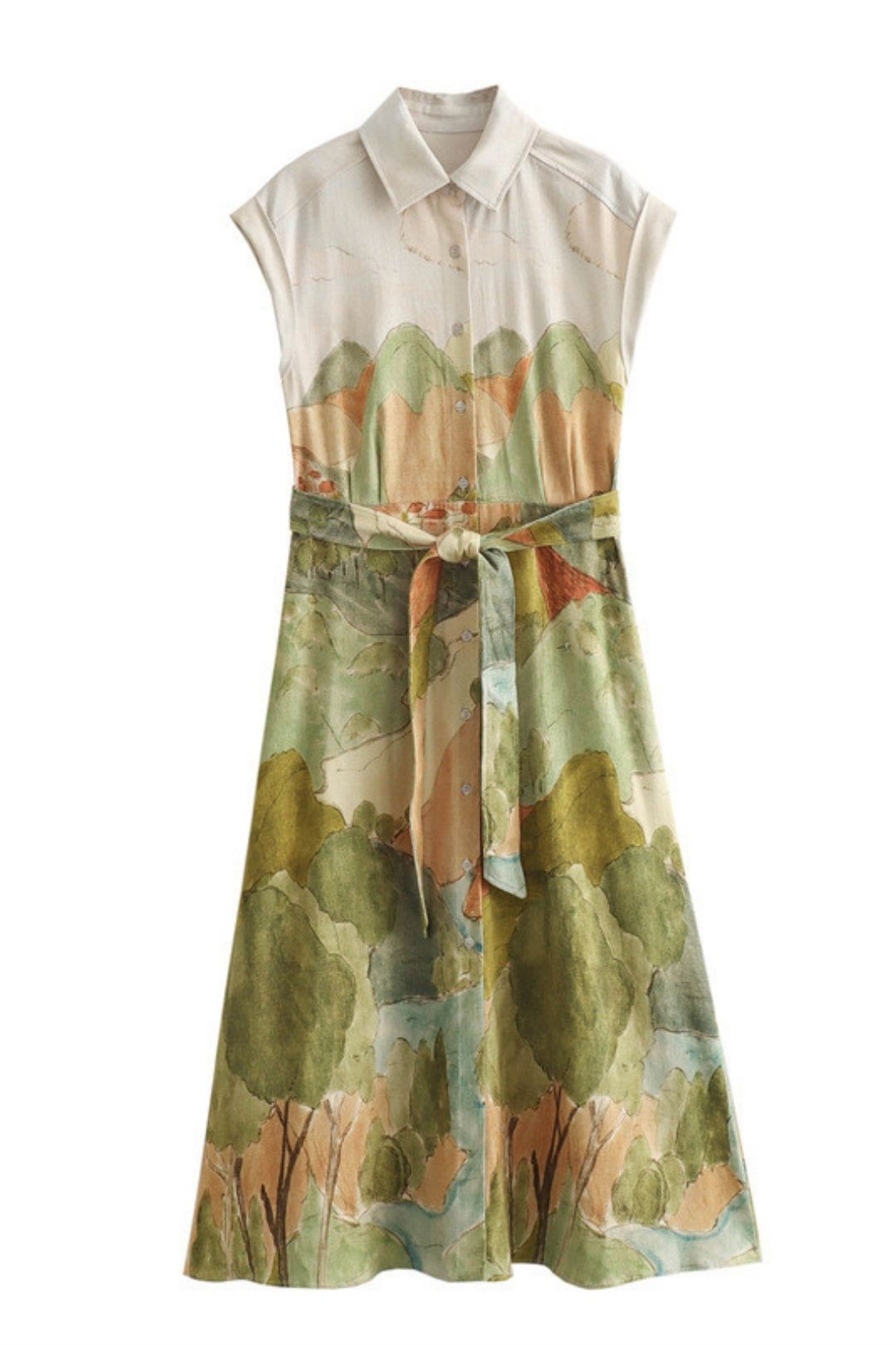 Fashion Casual Printed Shirt Belt Dress