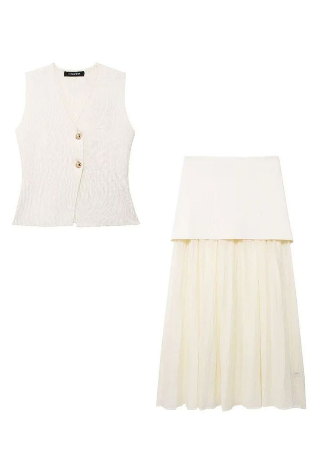 Gold Button Knitted Vest Small Pleated Patchwork Skirt Suit