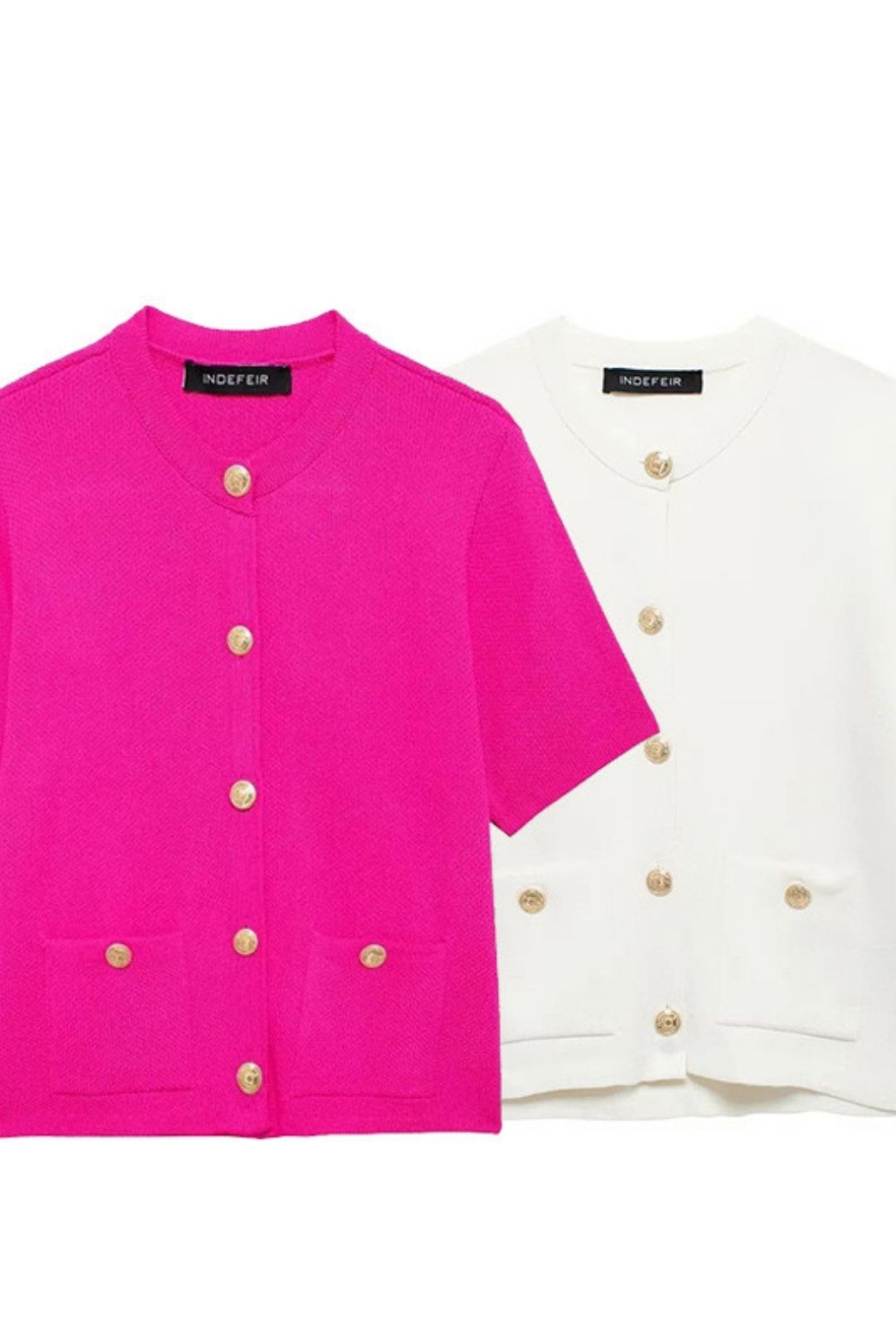 Round Neck Patch Pockets Button Design Short Sleeve Knitted Jacket