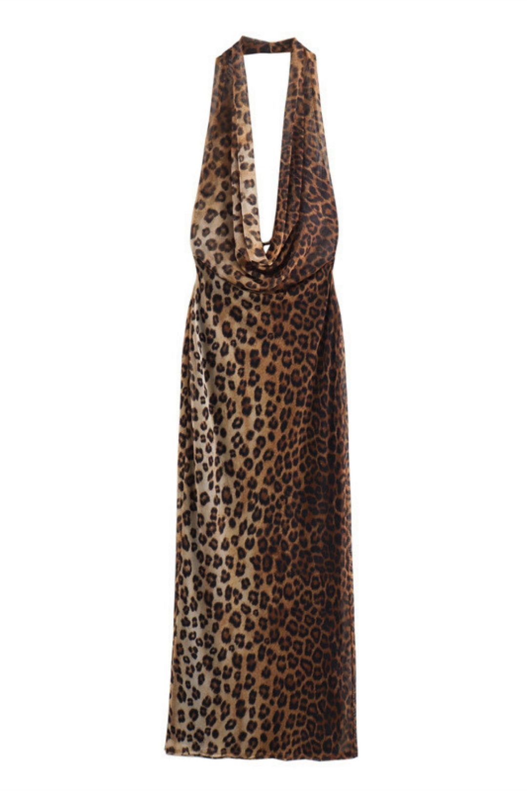 Sexy Backless Halter Neck Leopard Print Dress