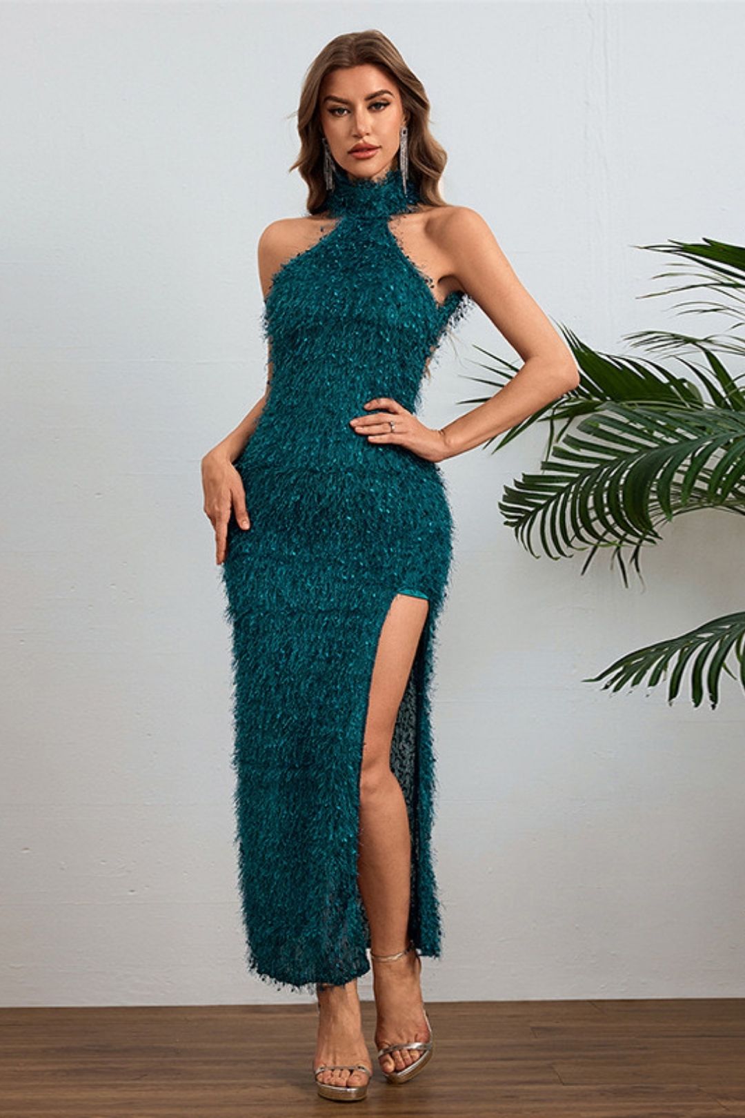 Neck Hairy Texture Slit Backless Dress