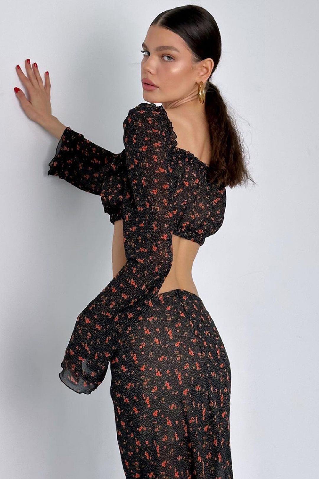 Sexy U-neck Crop Tops Slim See-through Skirt Suits