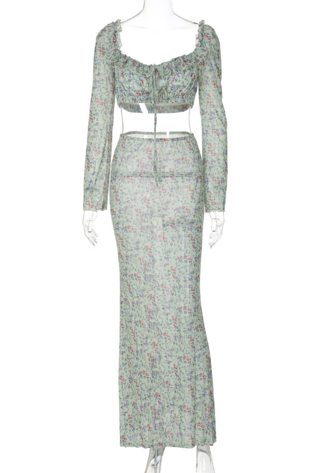 Sexy U-neck Crop Tops Slim See-through Skirt Suits