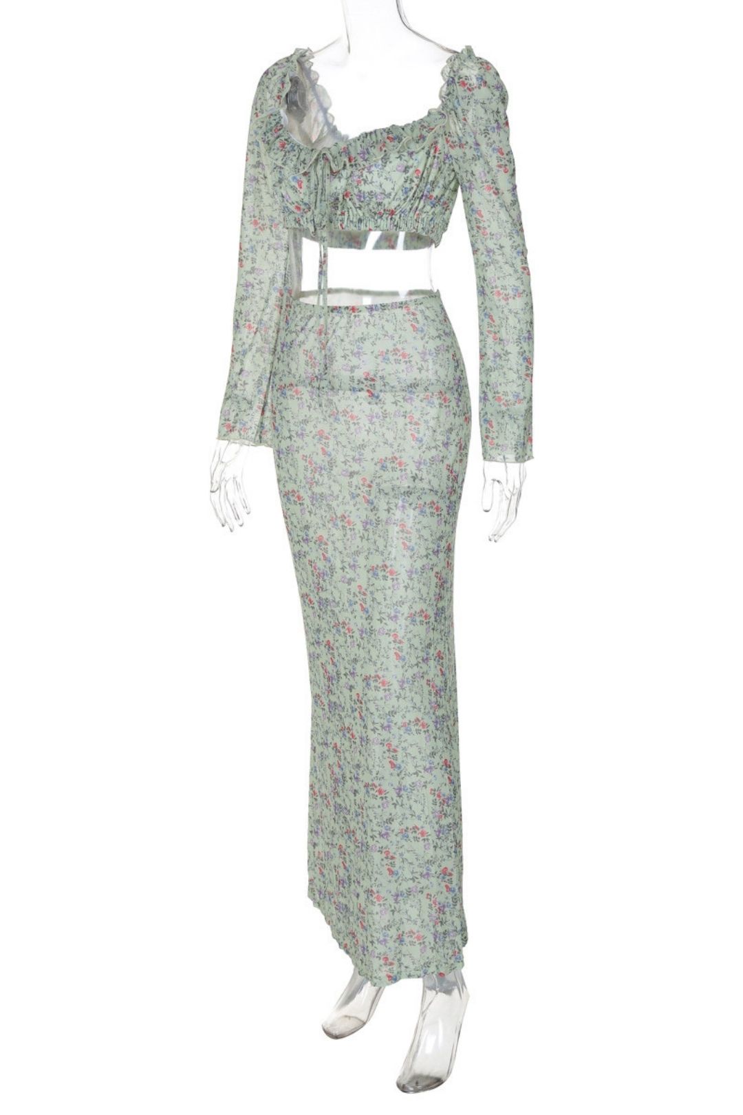 Sexy U-neck Crop Tops Slim See-through Skirt Suits