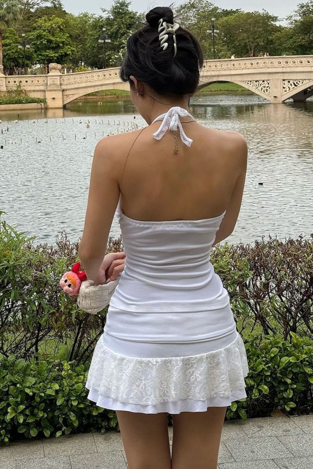 Neck Tie Tube Top Slim Fit Lace Splicing Skirt Suit