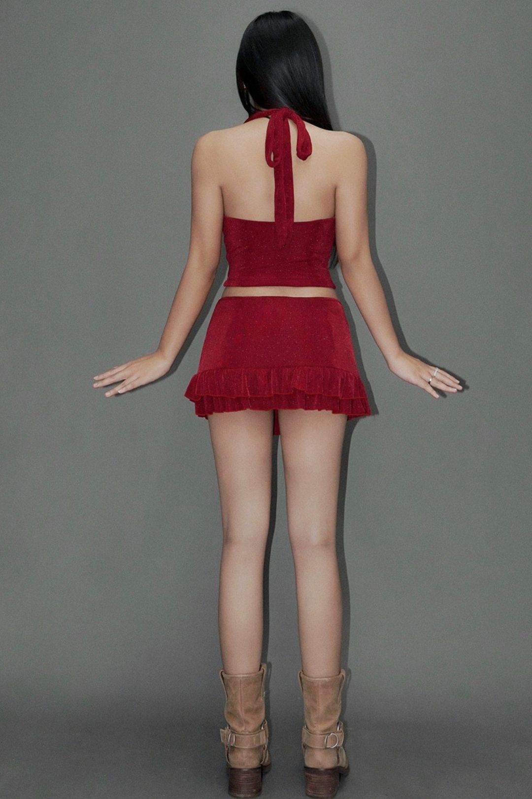 Sexy Backless Strappy Tube Top Short Lace Skirt Suit