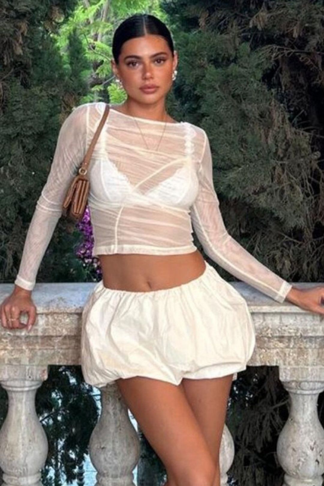 New Solid Color Sexy Mesh See-through Long-sleeved Slim Navel Top