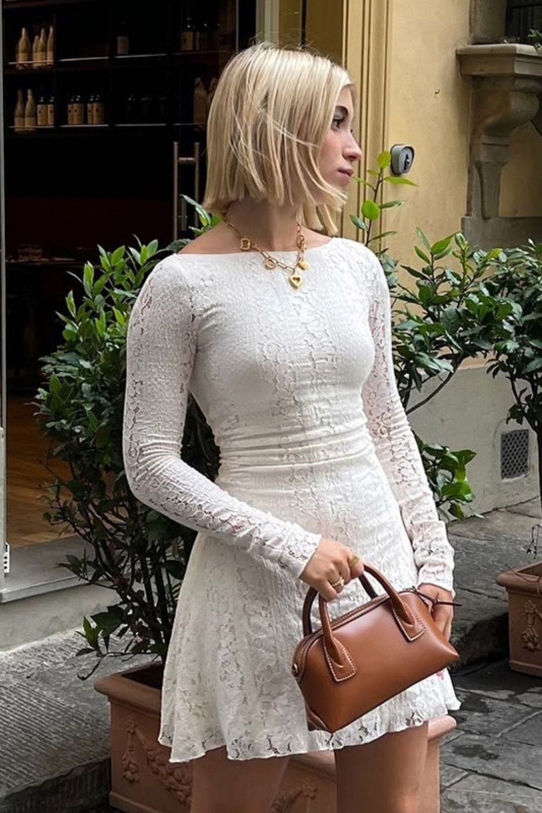 Sexy Round Neck Long-sleeved Lace See-through Dress