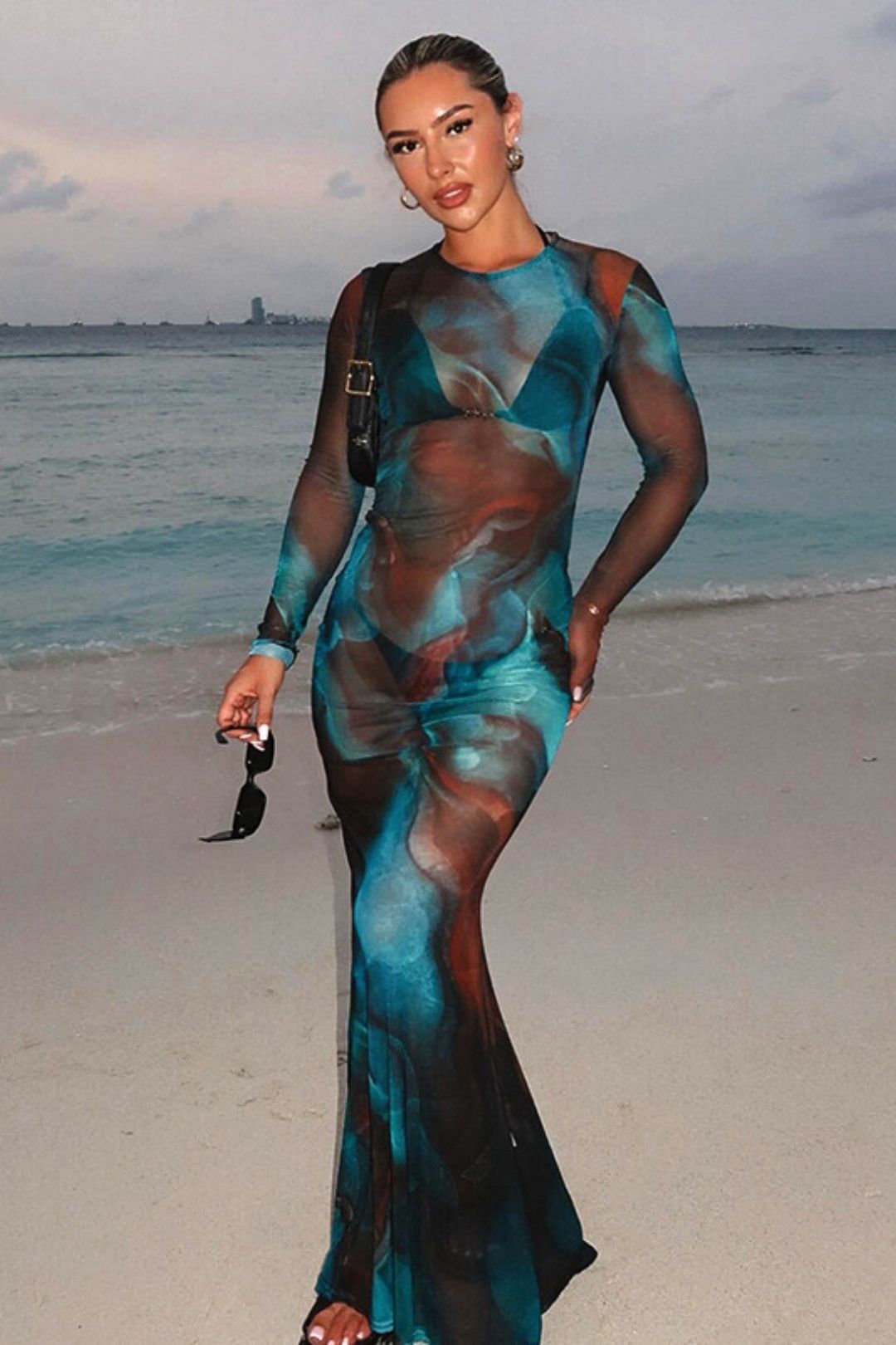 Sexy Mesh See-through Round Neck Long-sleeved Printed Slim Long Dress