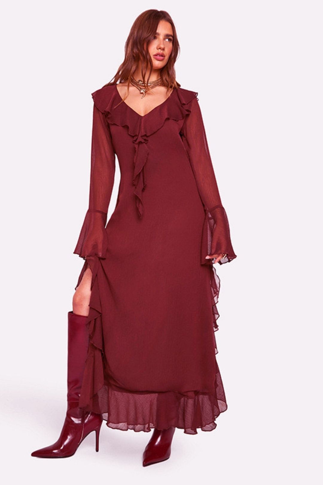 Long-sleeved V-neck Hem Double Slit Dress With Ruffles
