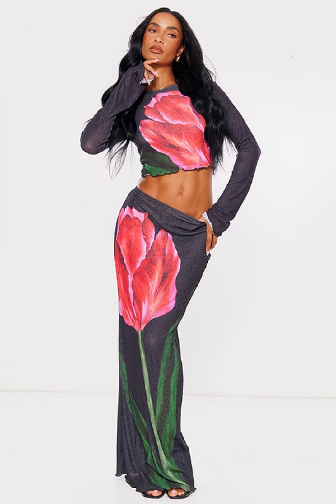 Round Neck Long-sleeved Navel Top And Half-length Skirt Printed Suit