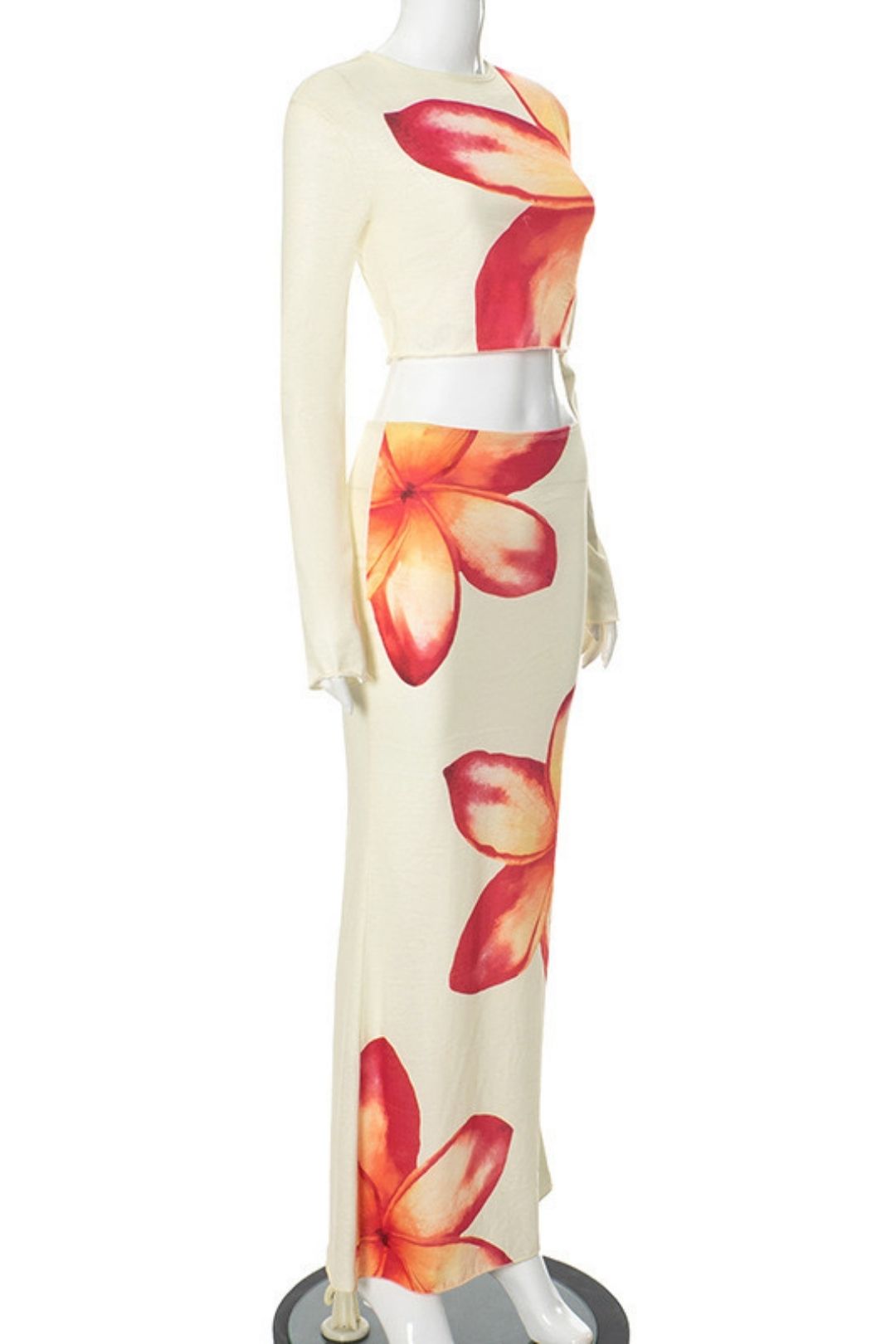 Round Neck Long-sleeved Navel Top And Half-length Skirt Printed Suit