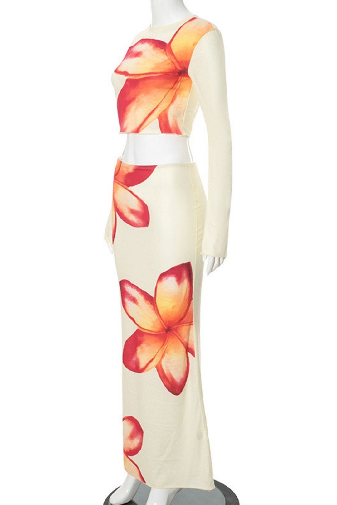 Round Neck Long-sleeved Navel Top And Half-length Skirt Printed Suit