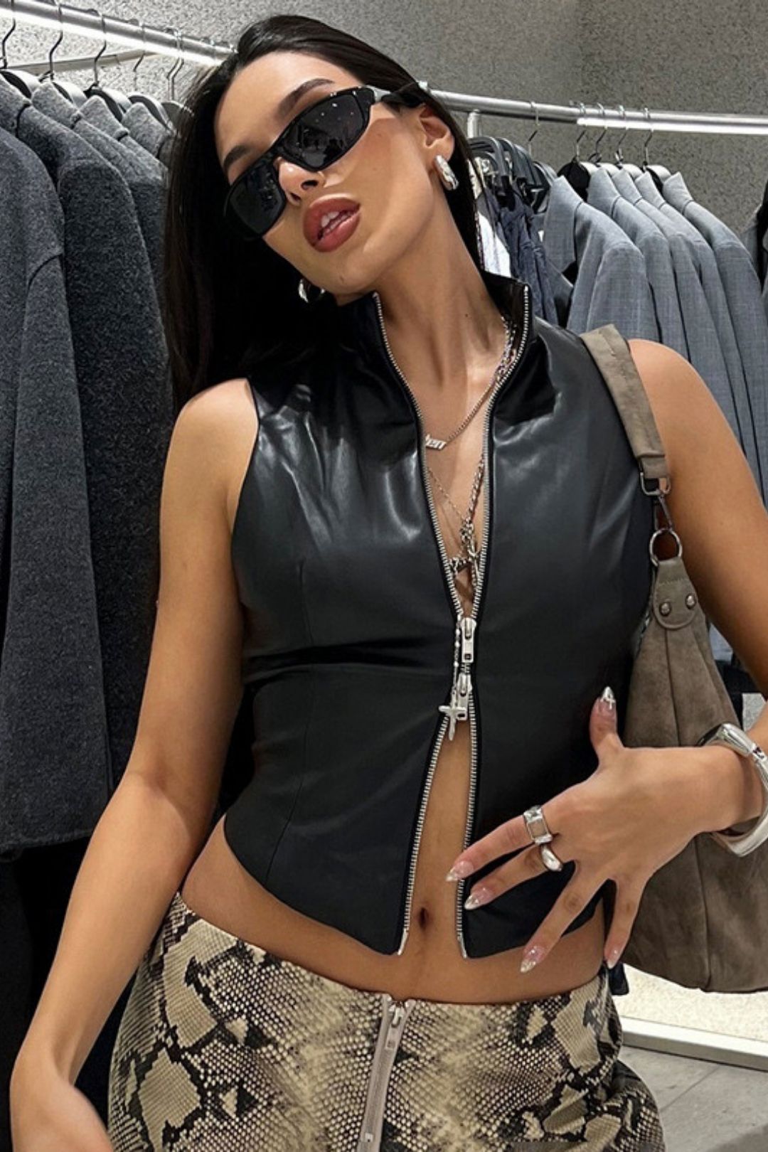 Sleeveless Double Zipper Leather Vest Top
