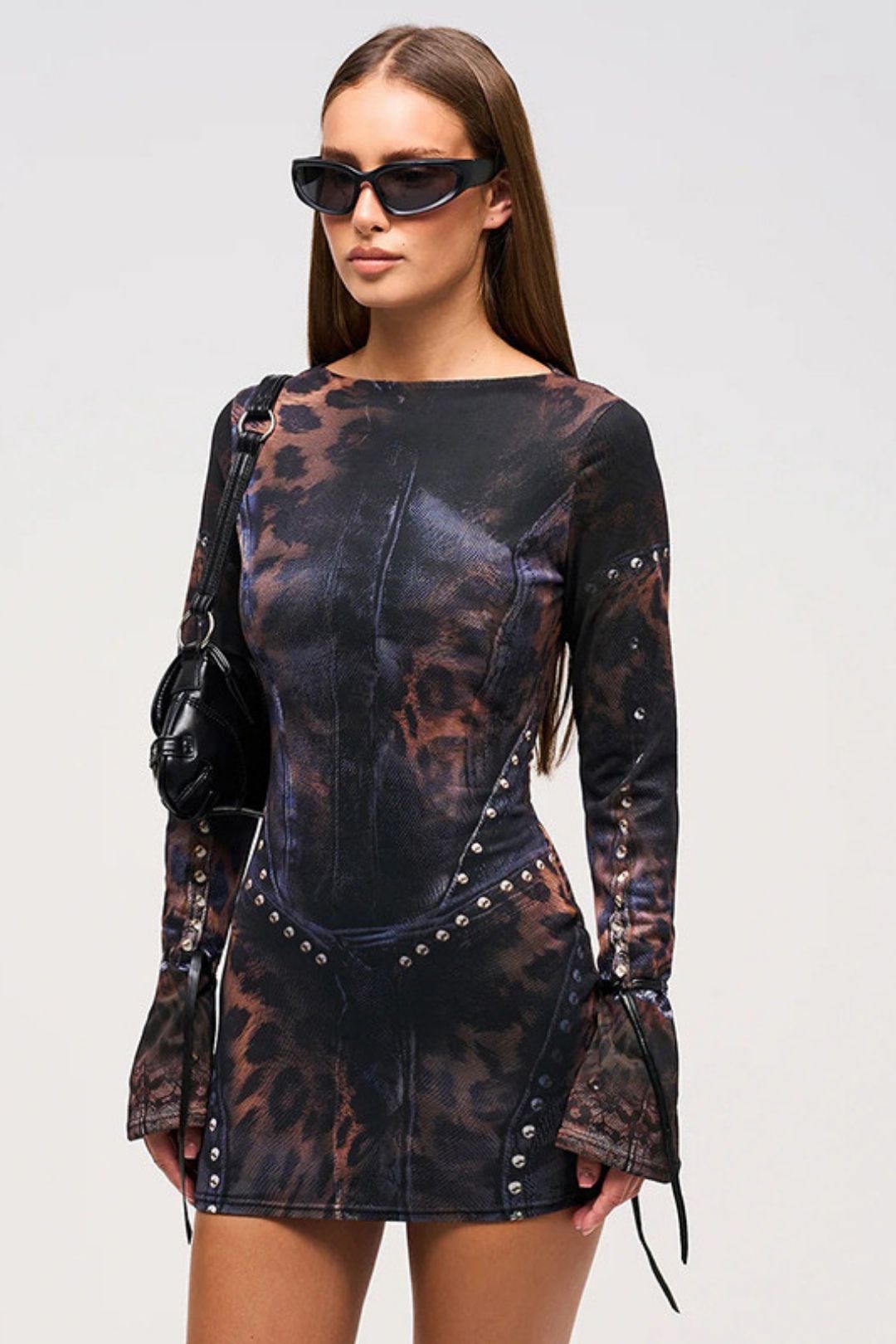 Round Neck Positioning Printed Long-sleeved Dress And Short Skirt