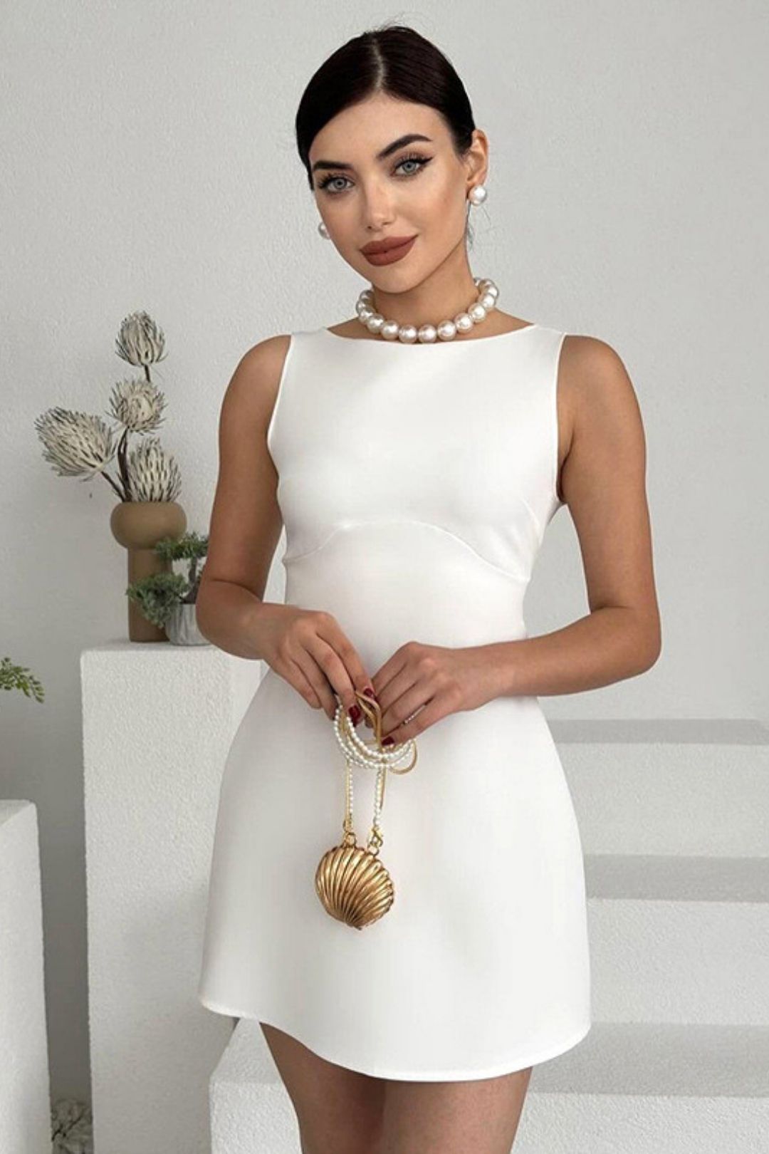 Solid Color Sleeveless Backless Slim High Waist A-line Short Dress