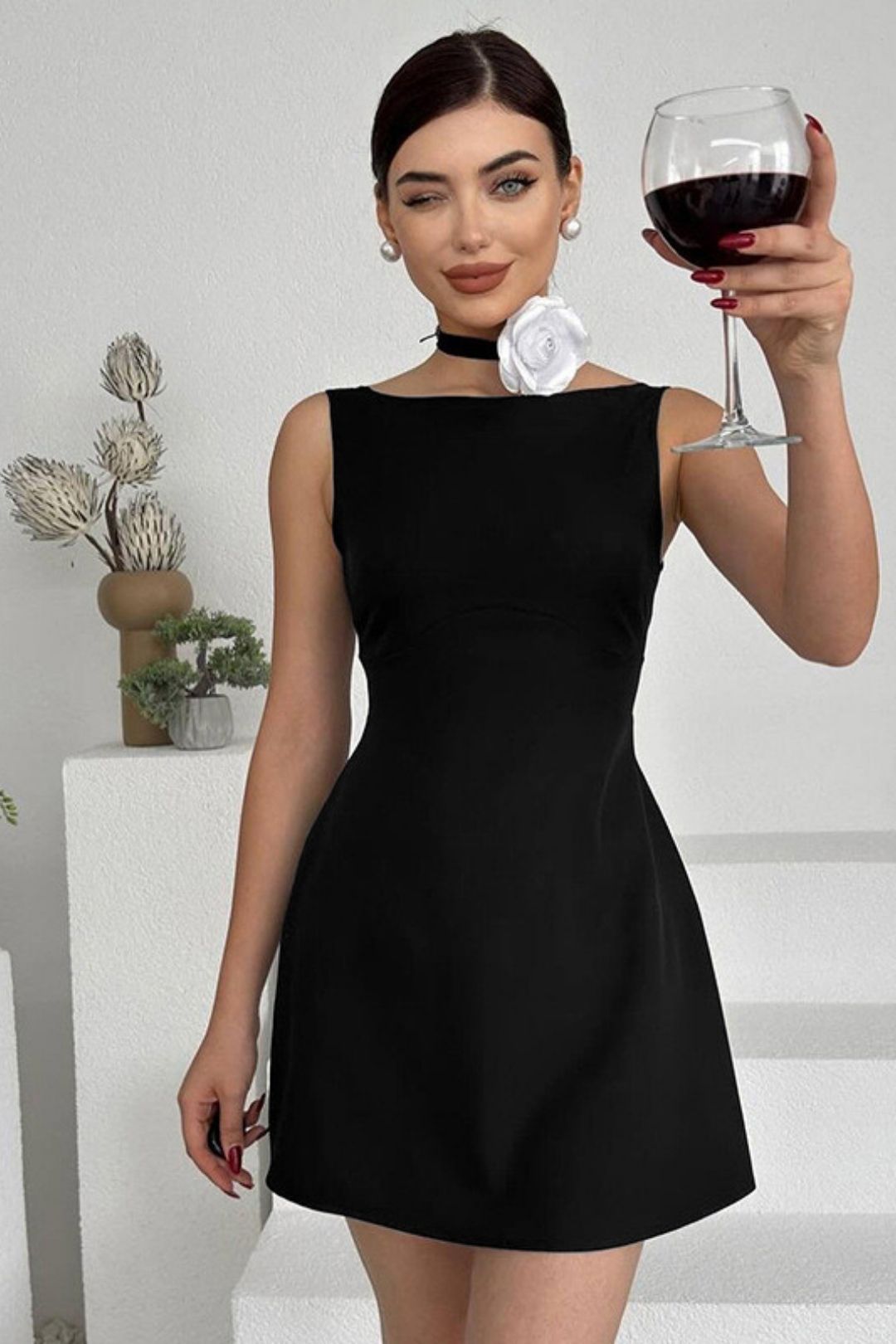 Solid Color Sleeveless Backless Slim High Waist A-line Short Dress