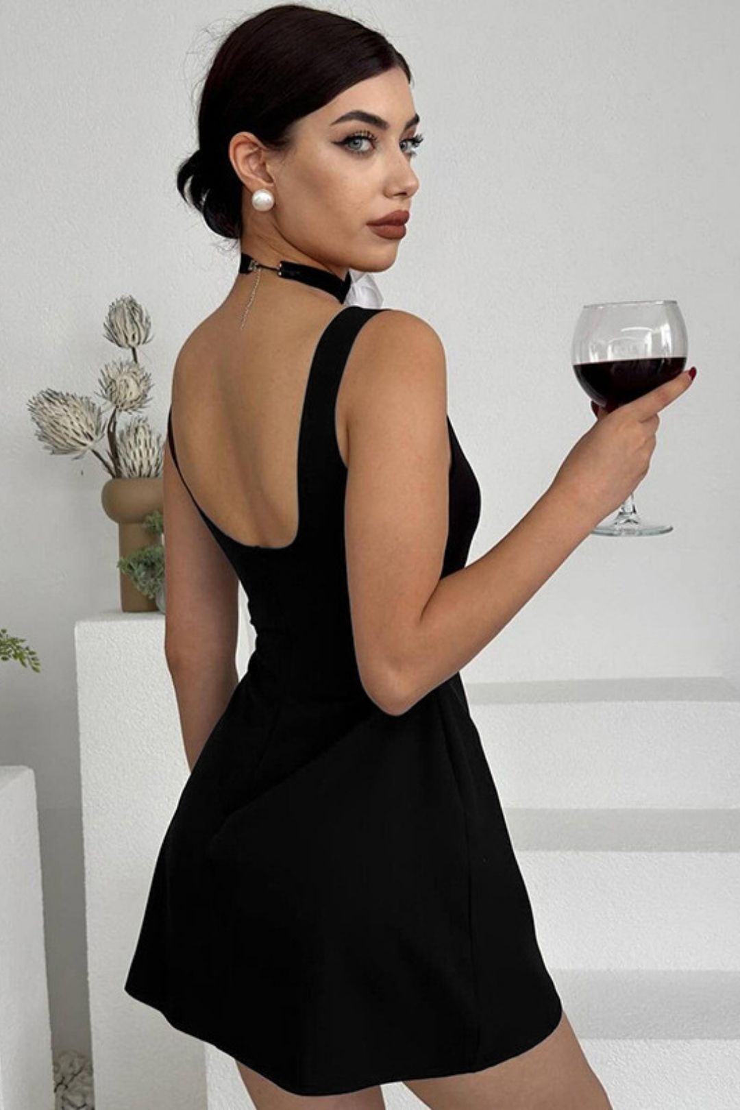 Solid Color Sleeveless Backless Slim High Waist A-line Short Dress