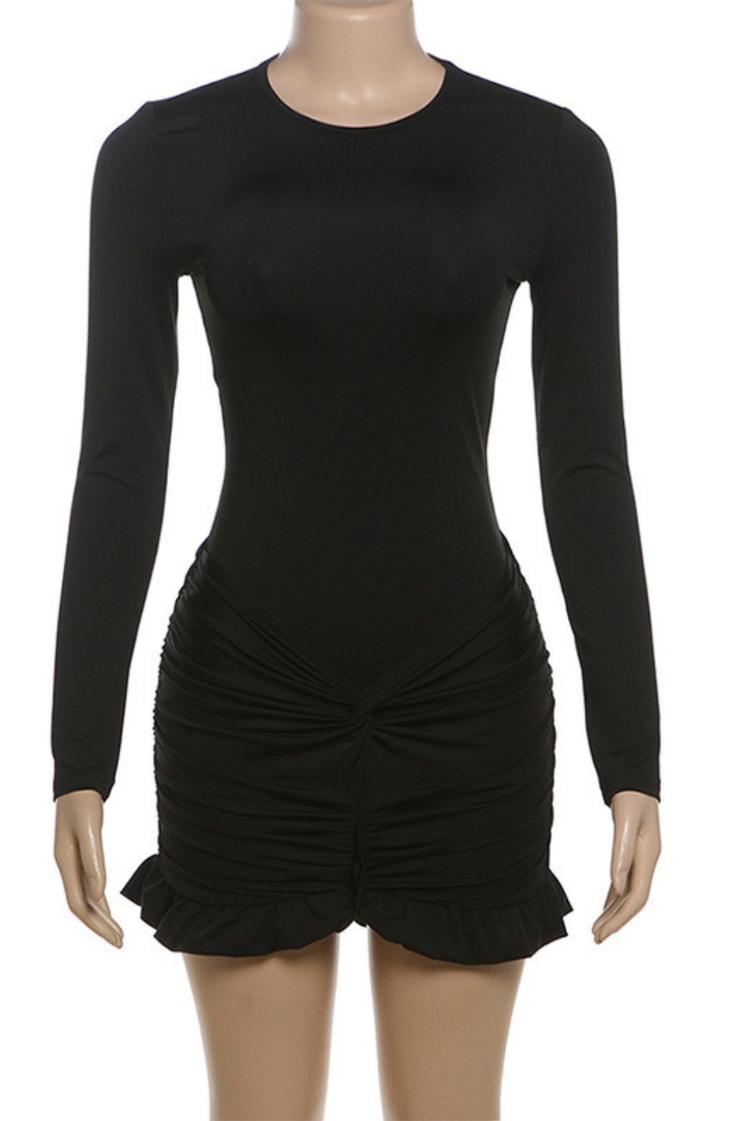 Sexy Round Neck Long-sleeved Slim Hip-covering Solid Color Dress