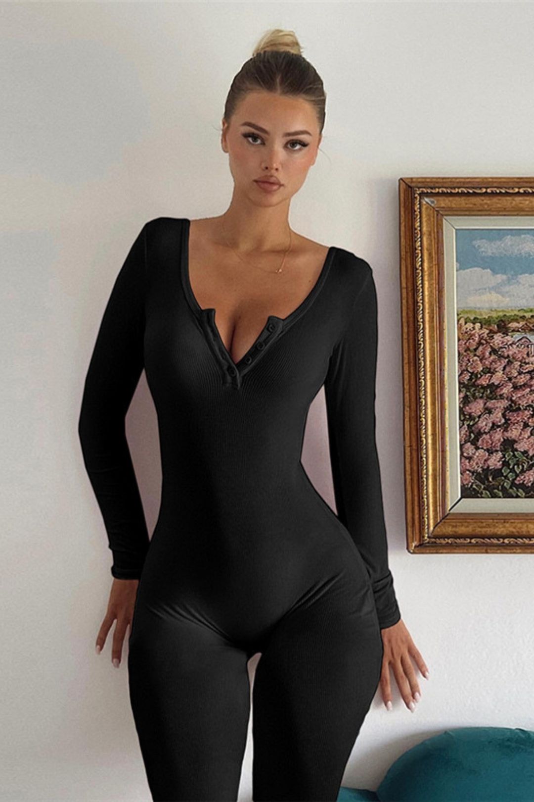 Sexy V-neck Buttoned Long-sleeved Slim Hip-covering Solid Color Jumpsuit