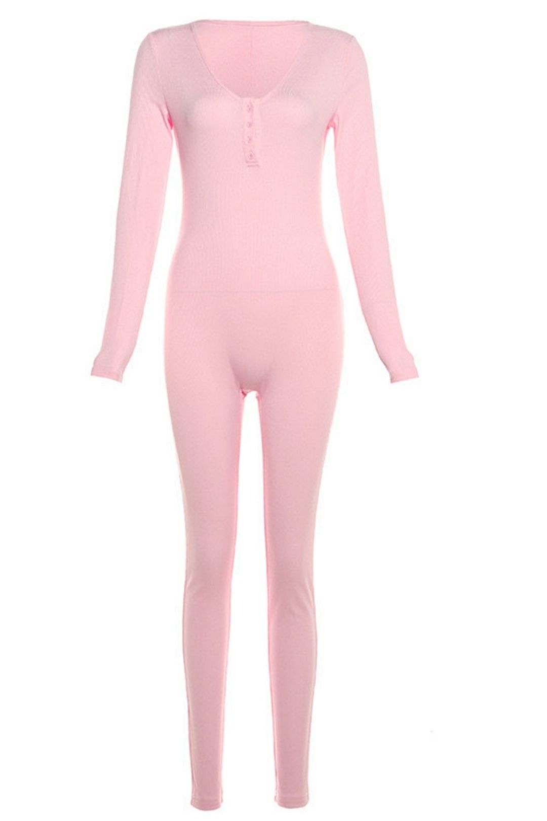 Sexy V-neck Buttoned Long-sleeved Slim Hip-covering Solid Color Jumpsuit