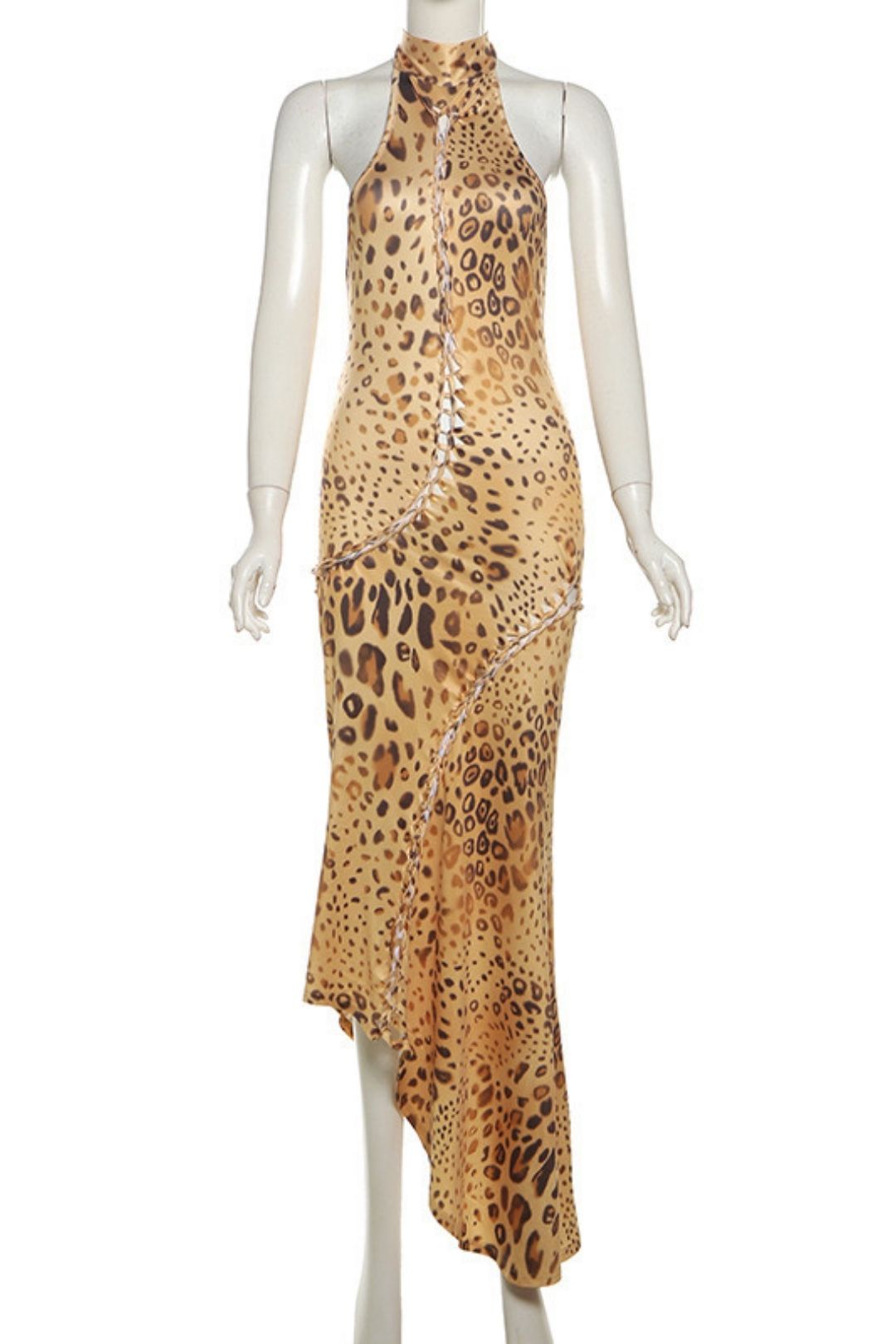 Sexy Backless Slim Fit Strappy Halterneck Irregular Leopard Print Dress