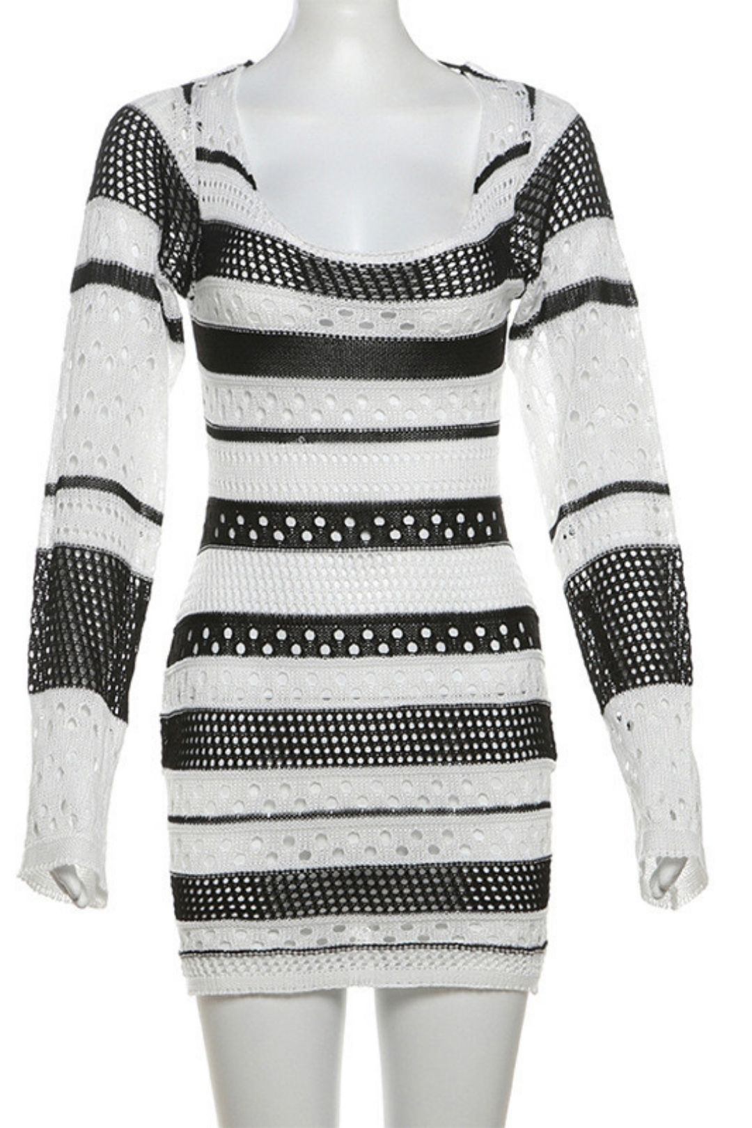 Sexy Hollow Backless Strappy Short Skirt Knitted Striped Dress