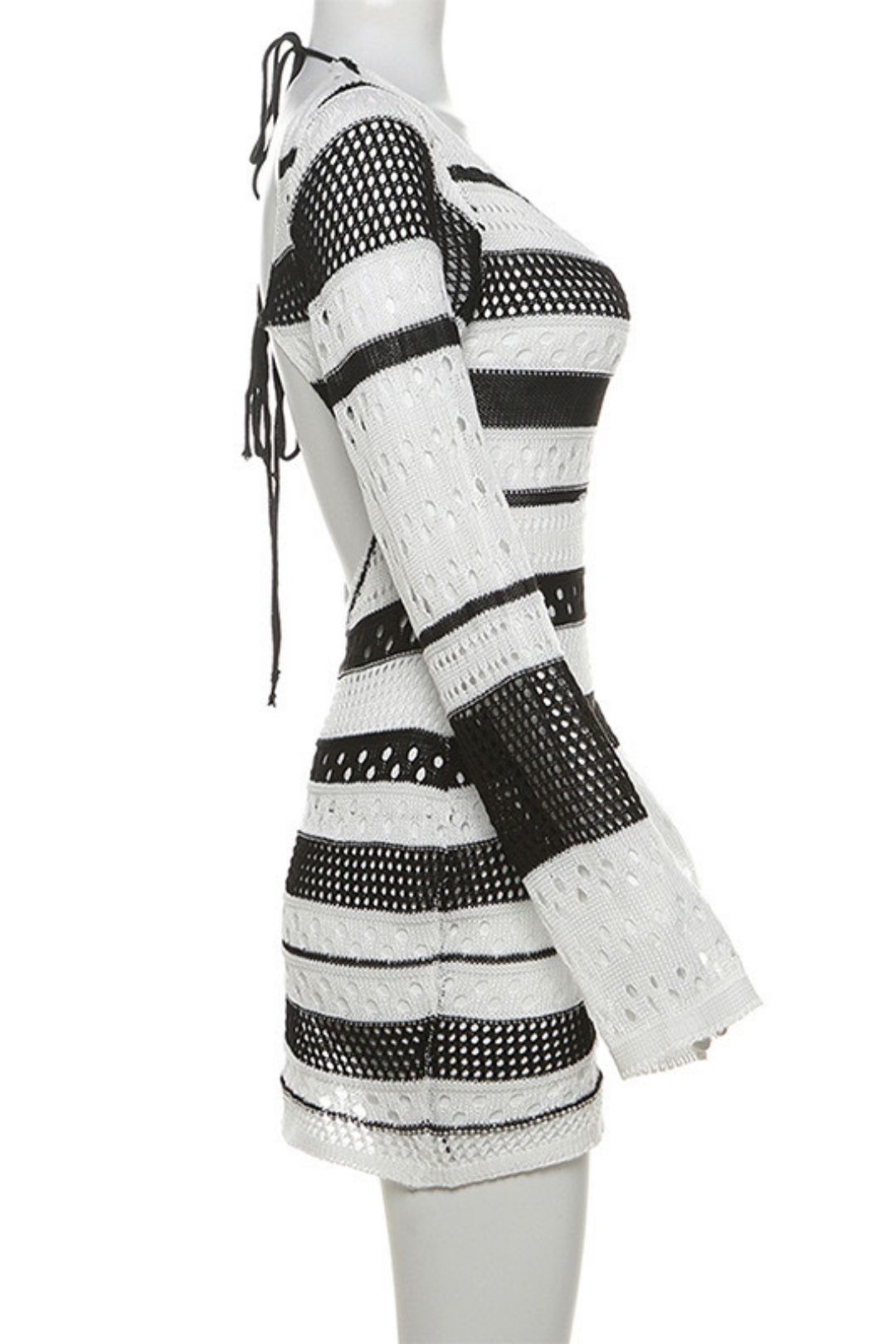 Sexy Hollow Backless Strappy Short Skirt Knitted Striped Dress