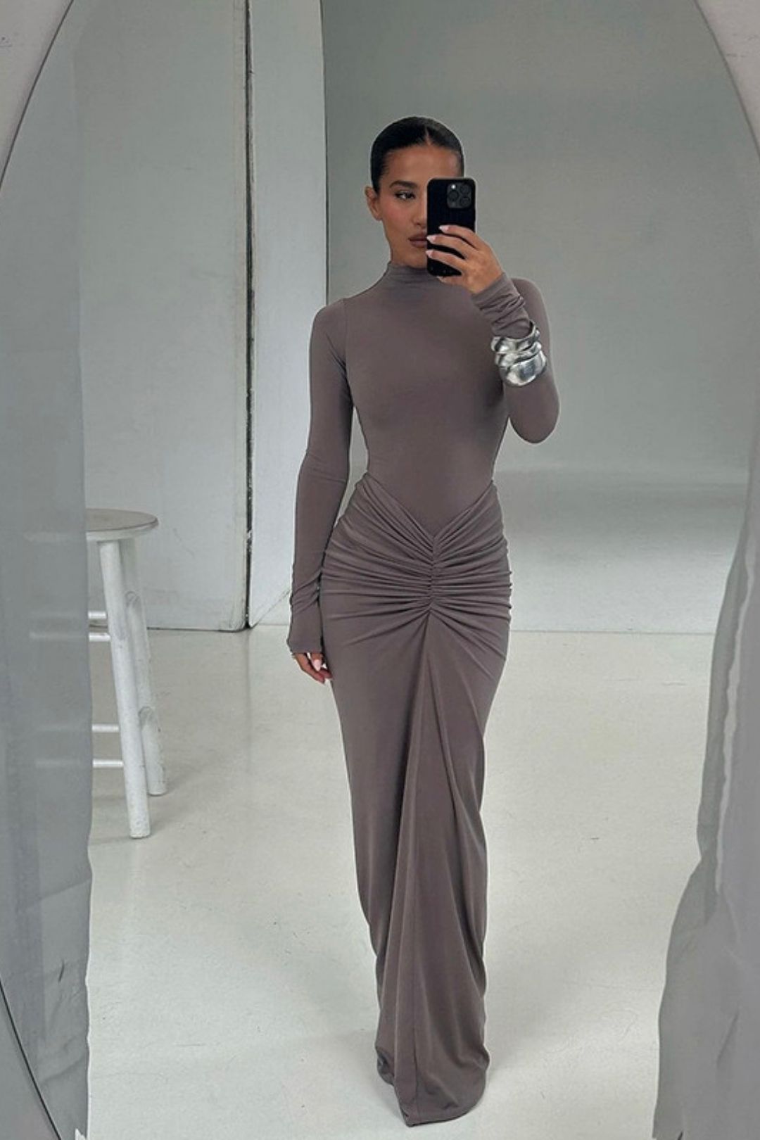 Sexy Waist Slimming Solid Color Long Skirt Temperament Pleated Dress