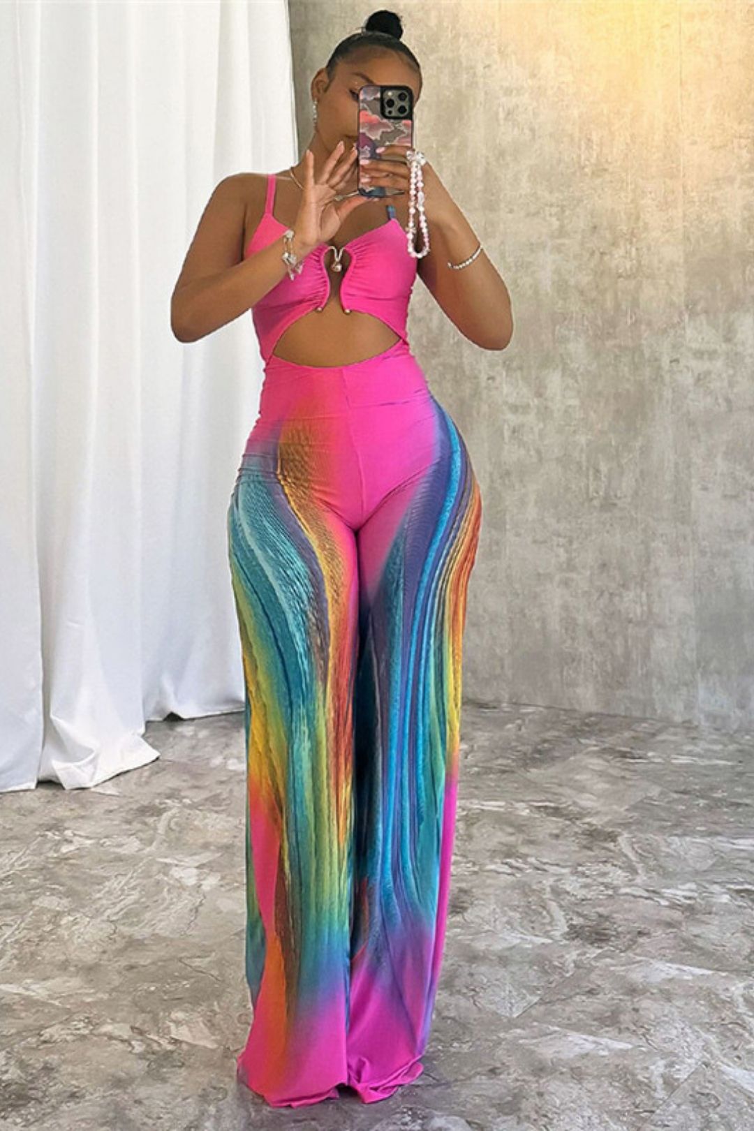 Sexy Tight-fitting Backless Contrasting Color Low-cut Suspender High-waist Jumpsuit