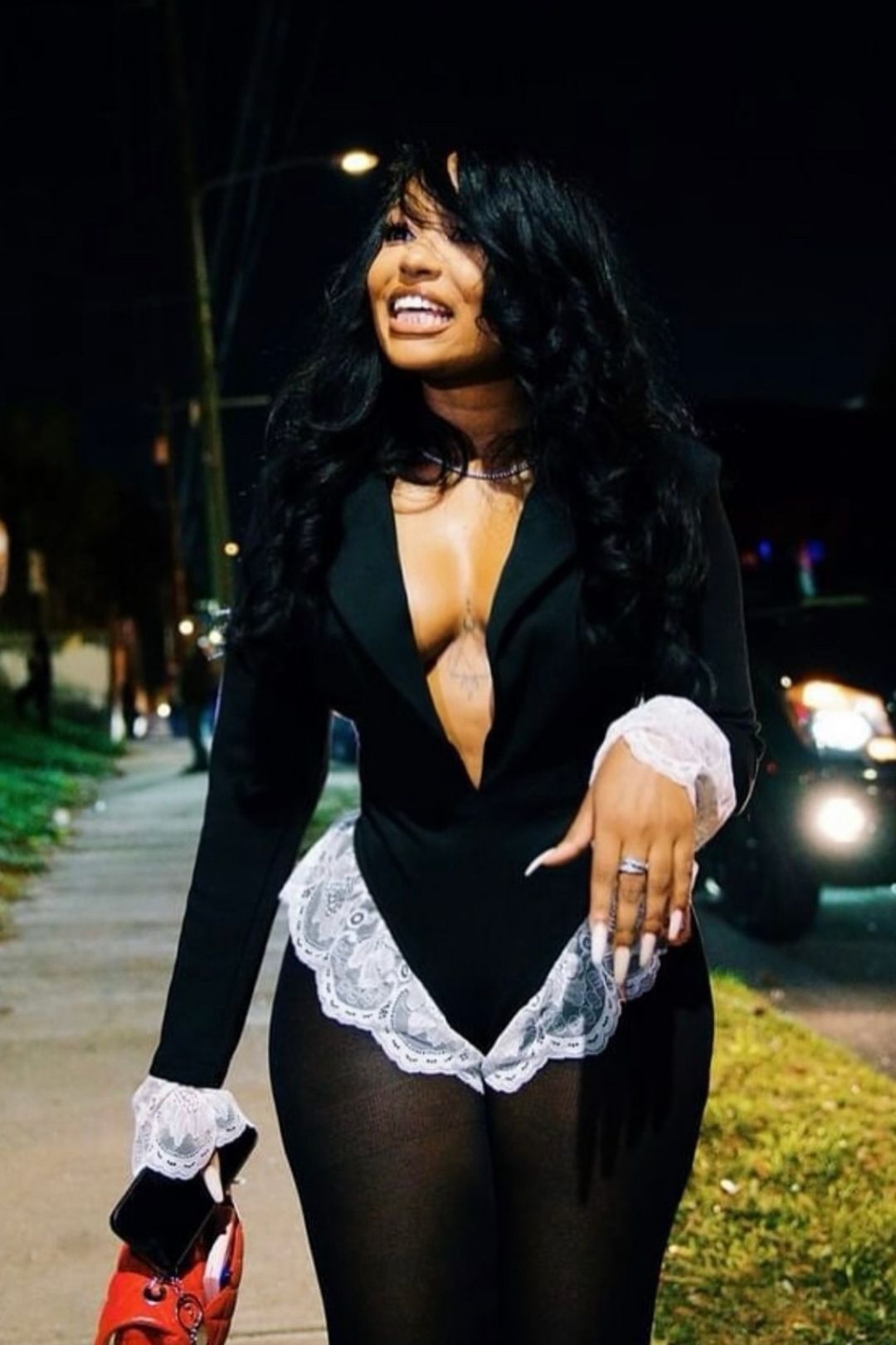 Sexy Hotties Deep V Lapel Lace Long-sleeved Contrasting Color Jumpsuit