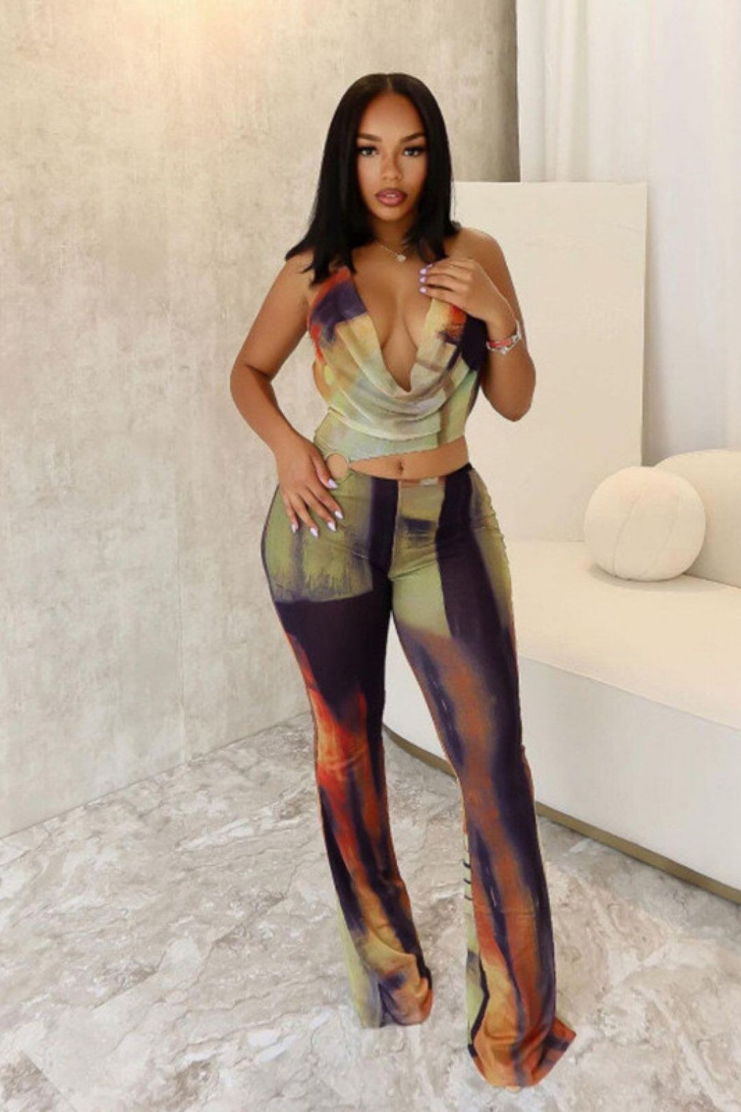 Sexy Backless Mesh Contrasting Color Lace-up Boot-cut Jumpsuit