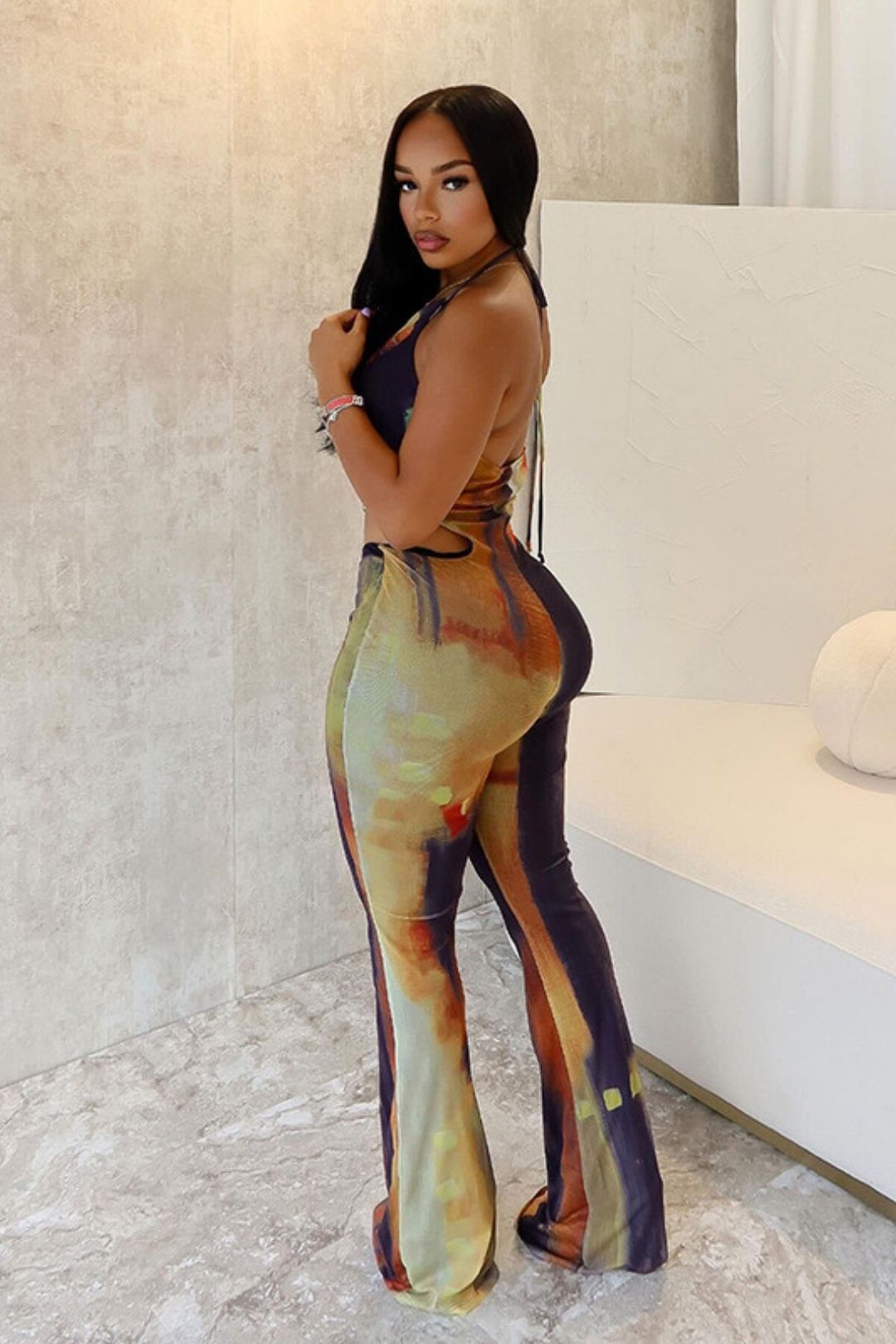 Sexy Backless Mesh Contrasting Color Lace-up Boot-cut Jumpsuit