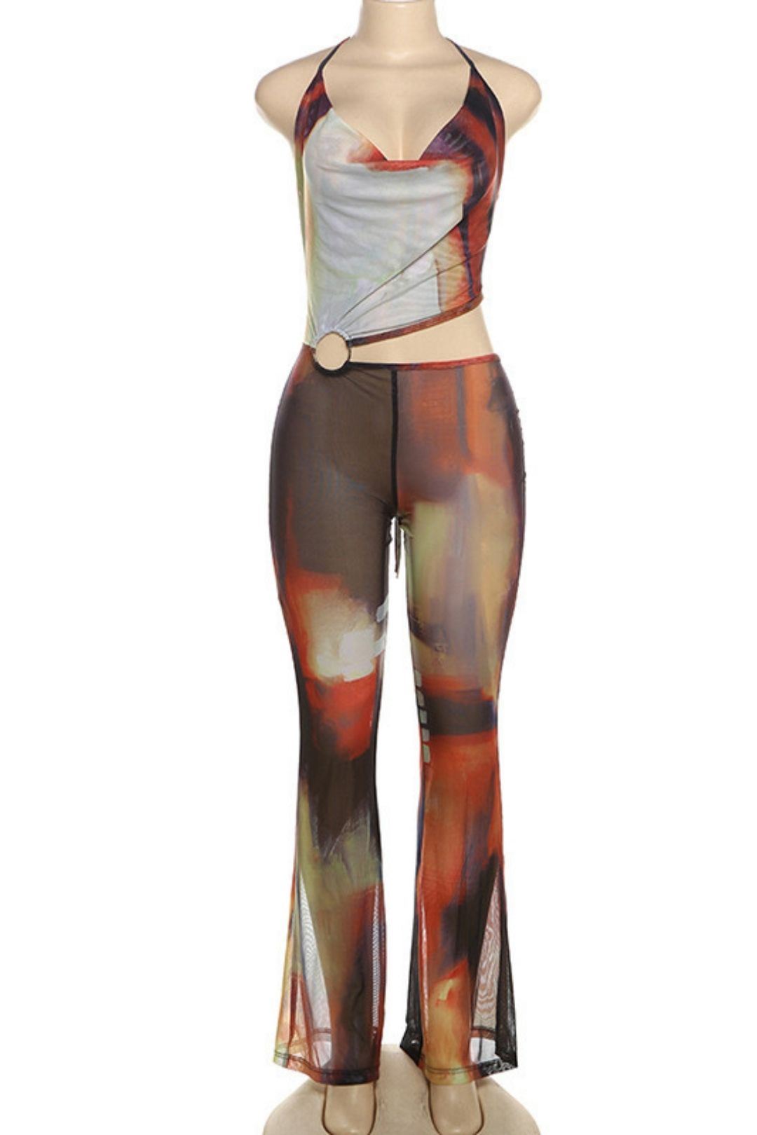 Sexy Backless Mesh Contrasting Color Lace-up Boot-cut Jumpsuit