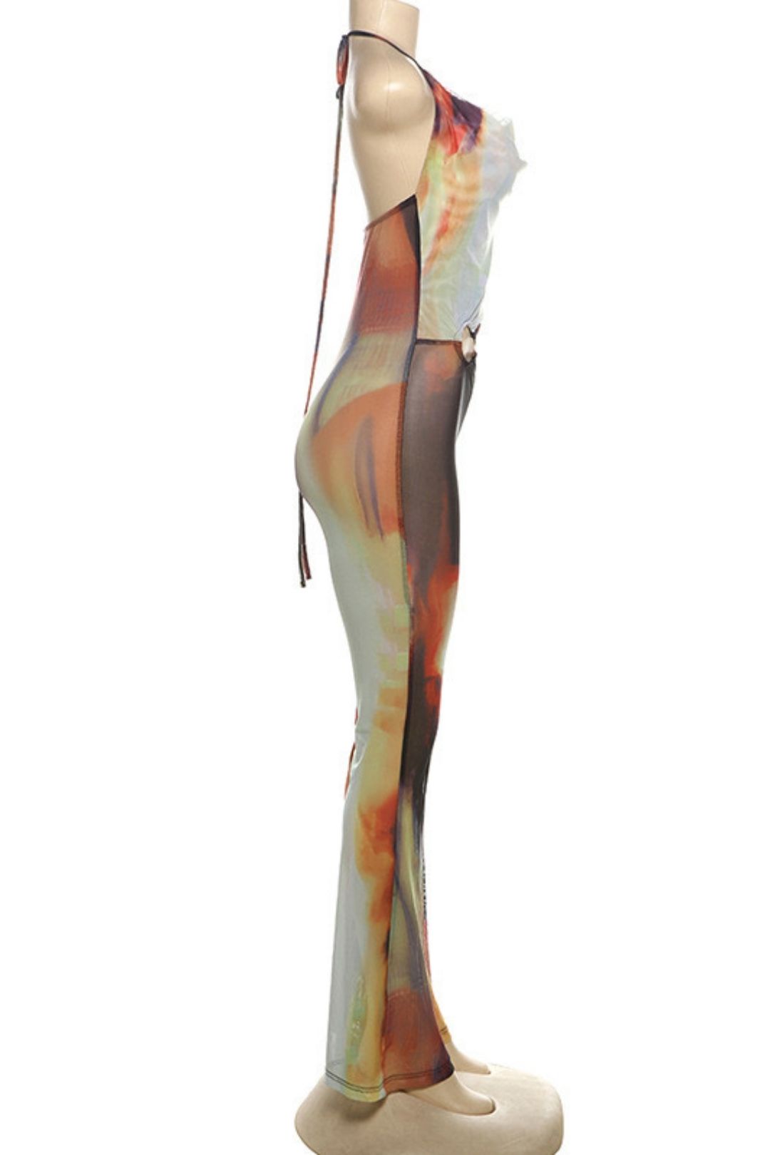 Sexy Backless Mesh Contrasting Color Lace-up Boot-cut Jumpsuit