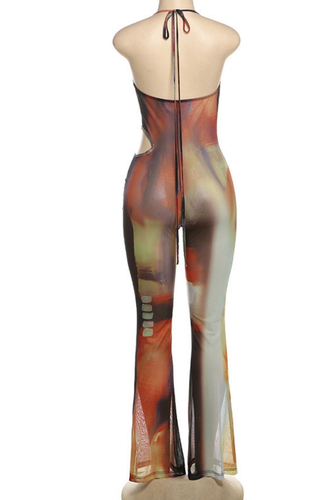 Sexy Backless Mesh Contrasting Color Lace-up Boot-cut Jumpsuit