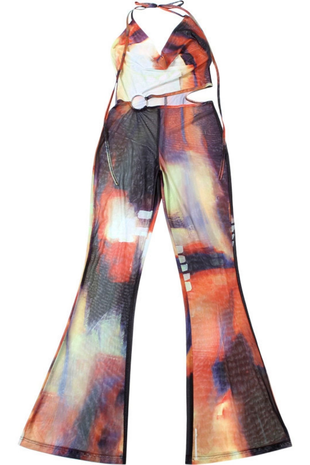 Sexy Backless Mesh Contrasting Color Lace-up Boot-cut Jumpsuit