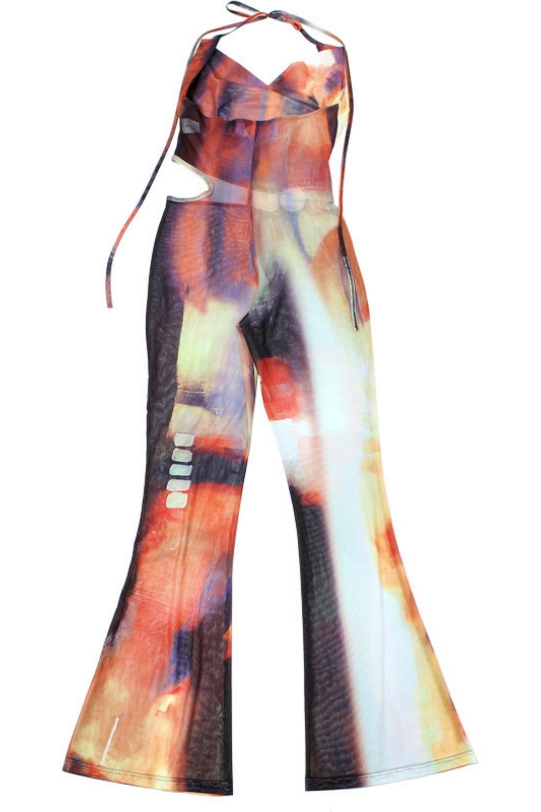 Sexy Backless Mesh Contrasting Color Lace-up Boot-cut Jumpsuit