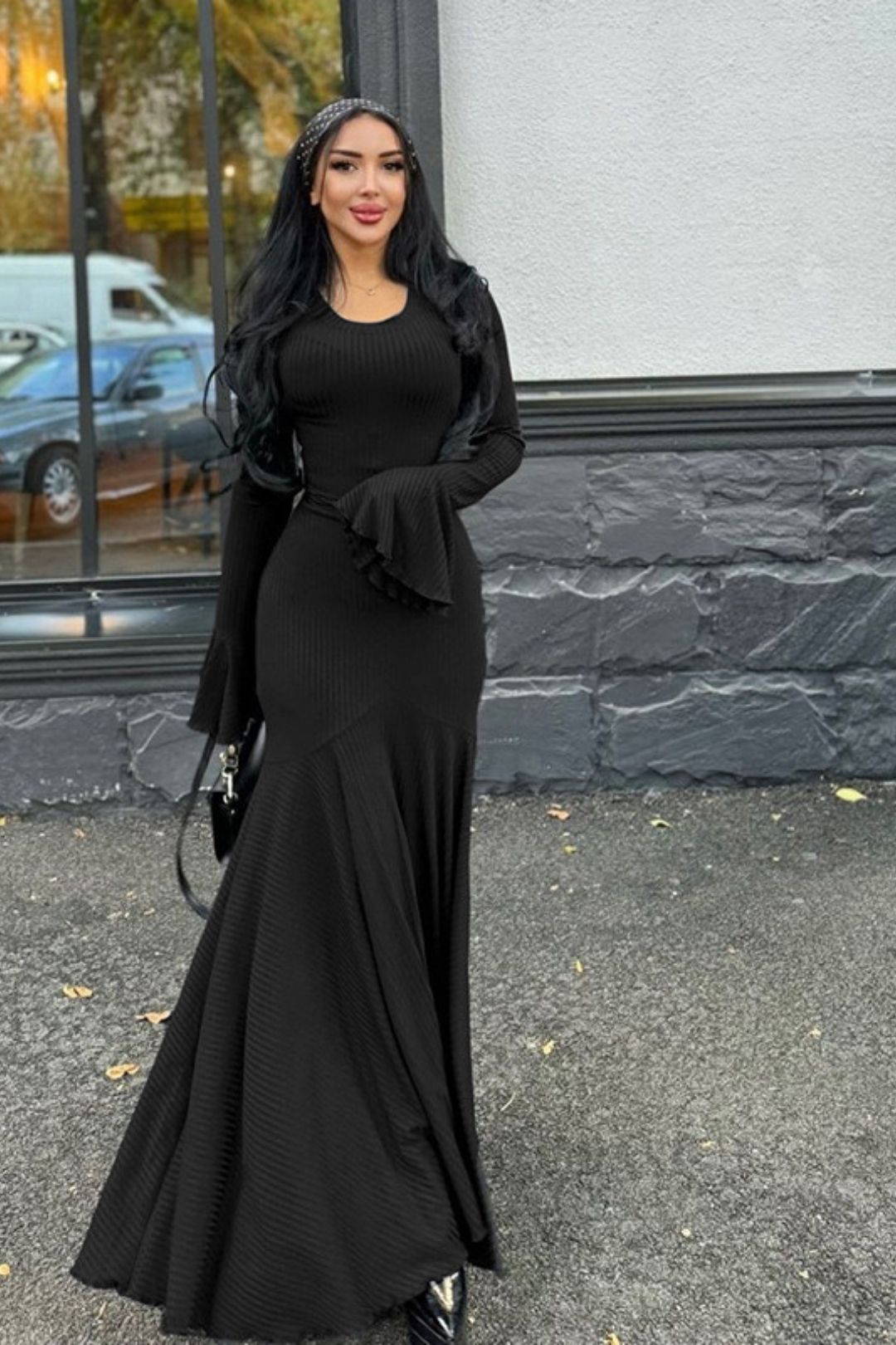 Round Neck Waist Flare Long Sleeve Dress Temperament Fishtail Solid Color Long Skirt