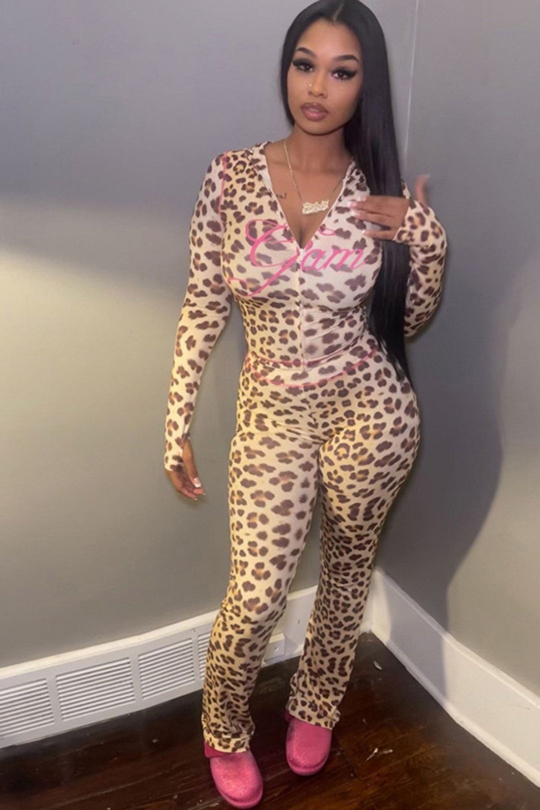 Printed Hooded Cardigan Top Leopard Print High Waist Tight Trousers Suit