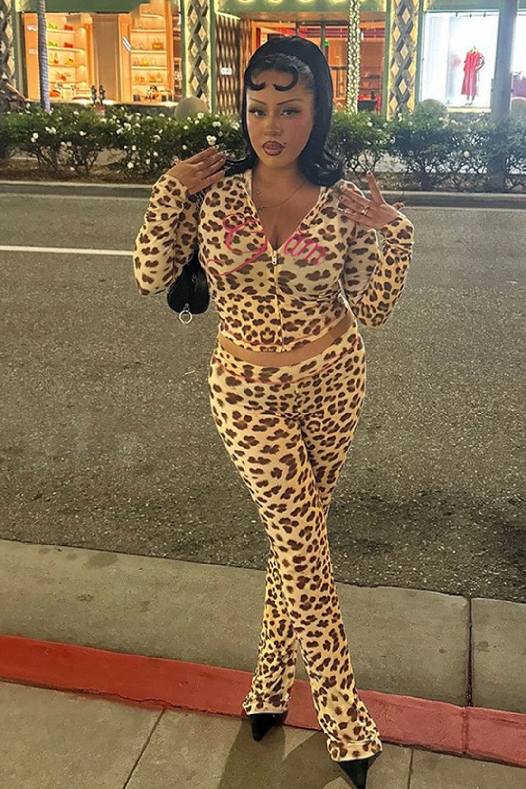 Printed Hooded Cardigan Top Leopard Print High Waist Tight Trousers Suit