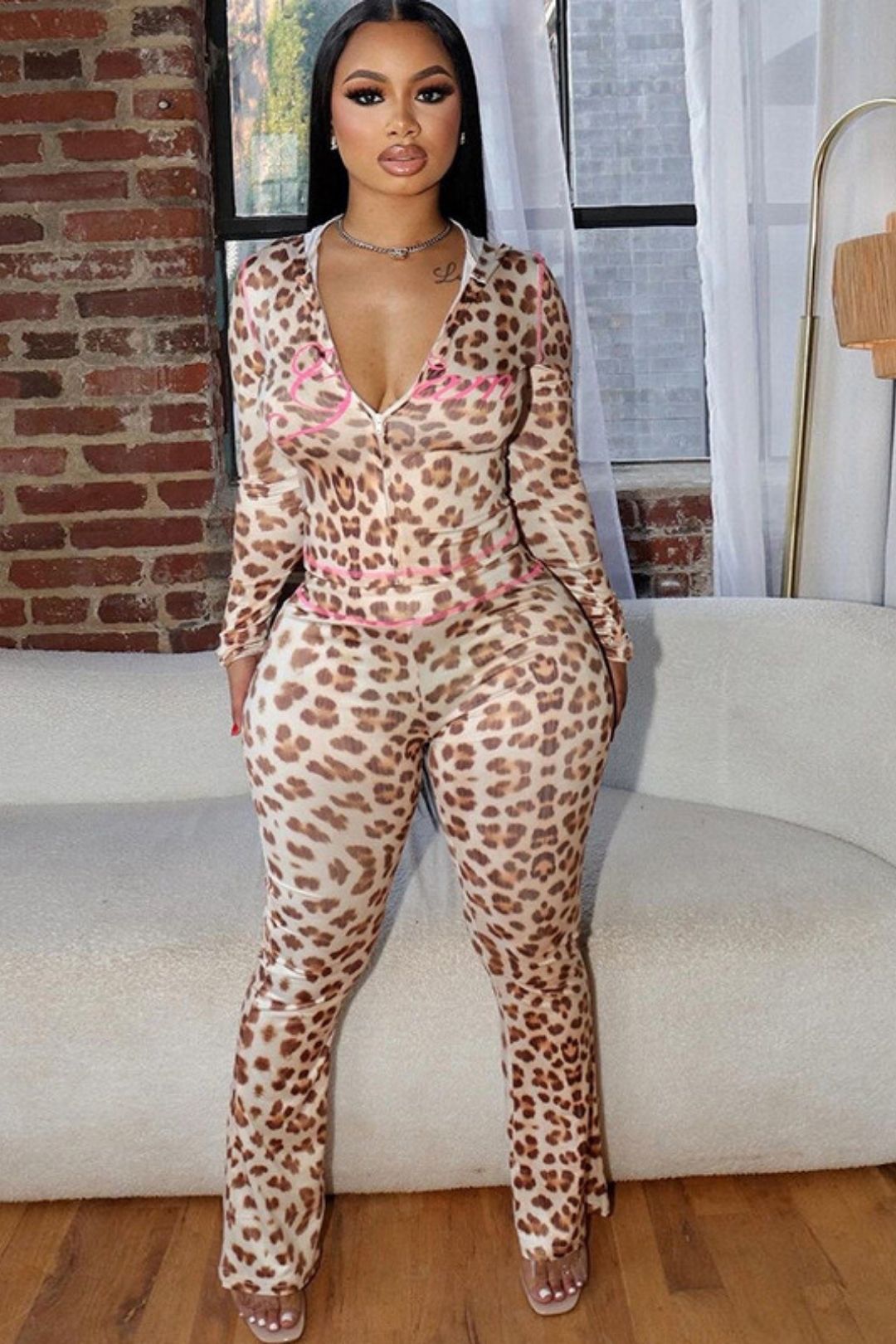 Printed Hooded Cardigan Top Leopard Print High Waist Tight Trousers Suit